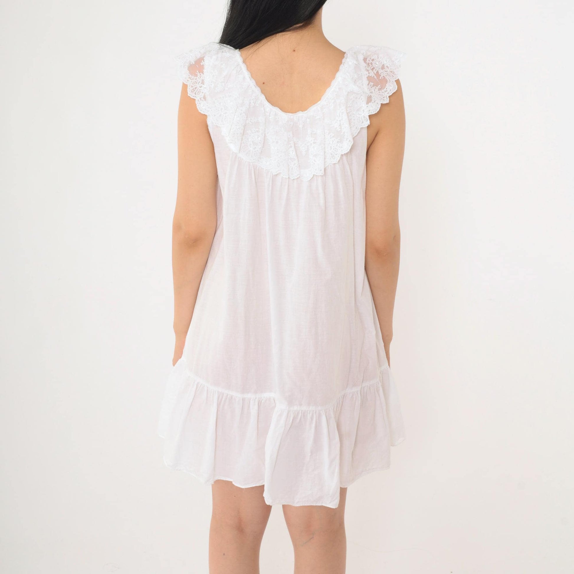 80s White Nightgown Pink Rose Lace Trim Sleeveless Babydoll Small