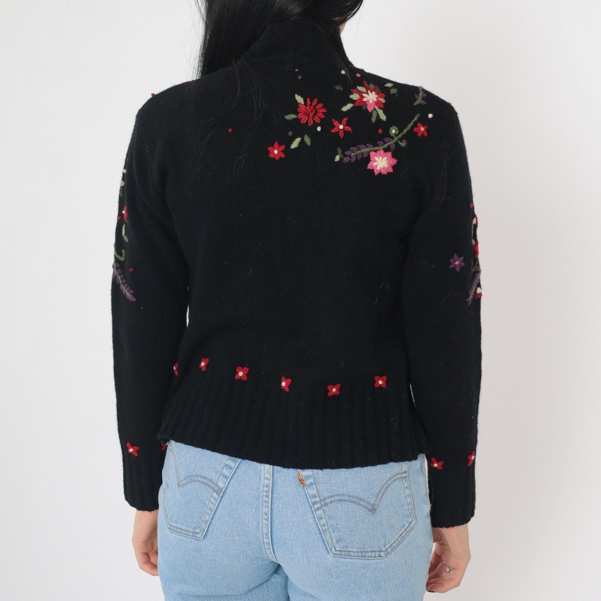 Y2K Talbots Floral Embroidered Cardigan Black Lambswool Mock Neck Zip Small