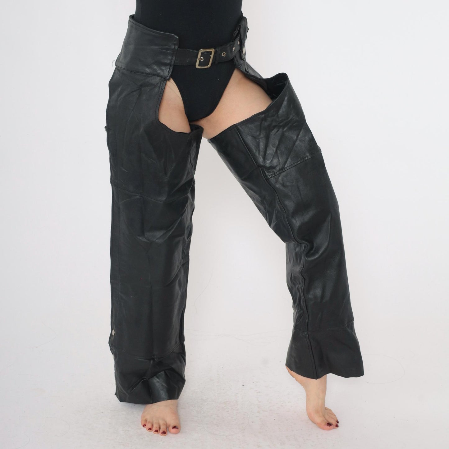 90s Black Leather Assless Chaps Motorcycle Buckle Zippers Small S