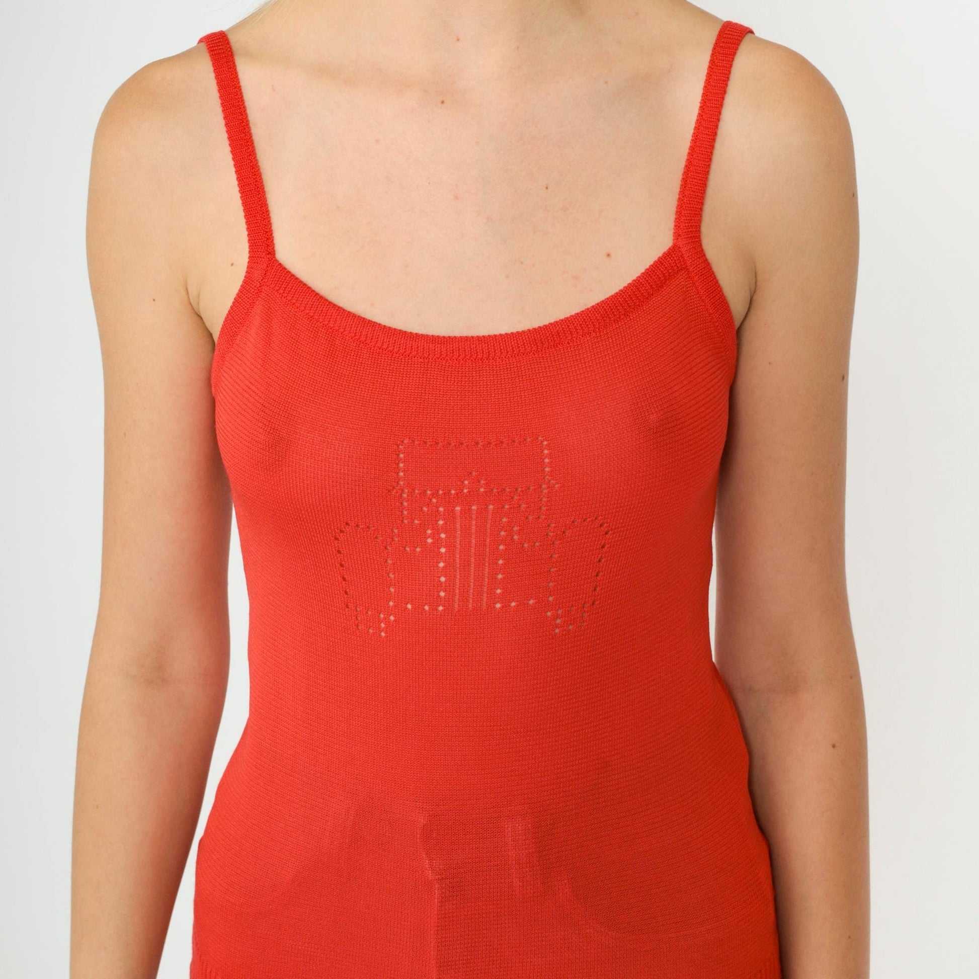 Y2K Red Knit Tank Top Antique Car Cutout Spaghetti Straps Extra Small