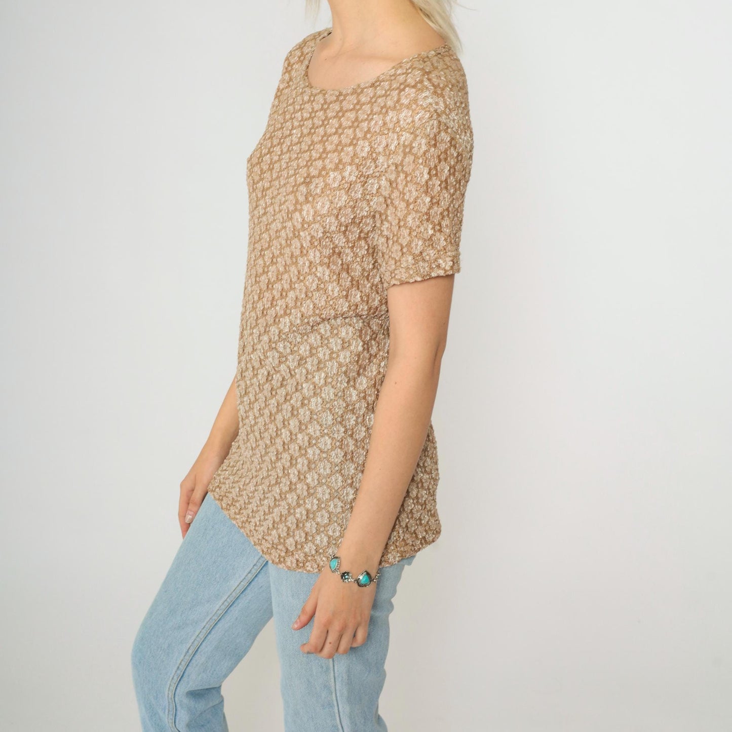 90s Clio Floral Lace Blouse Tan Short Sleeve Scoop Neck Medium