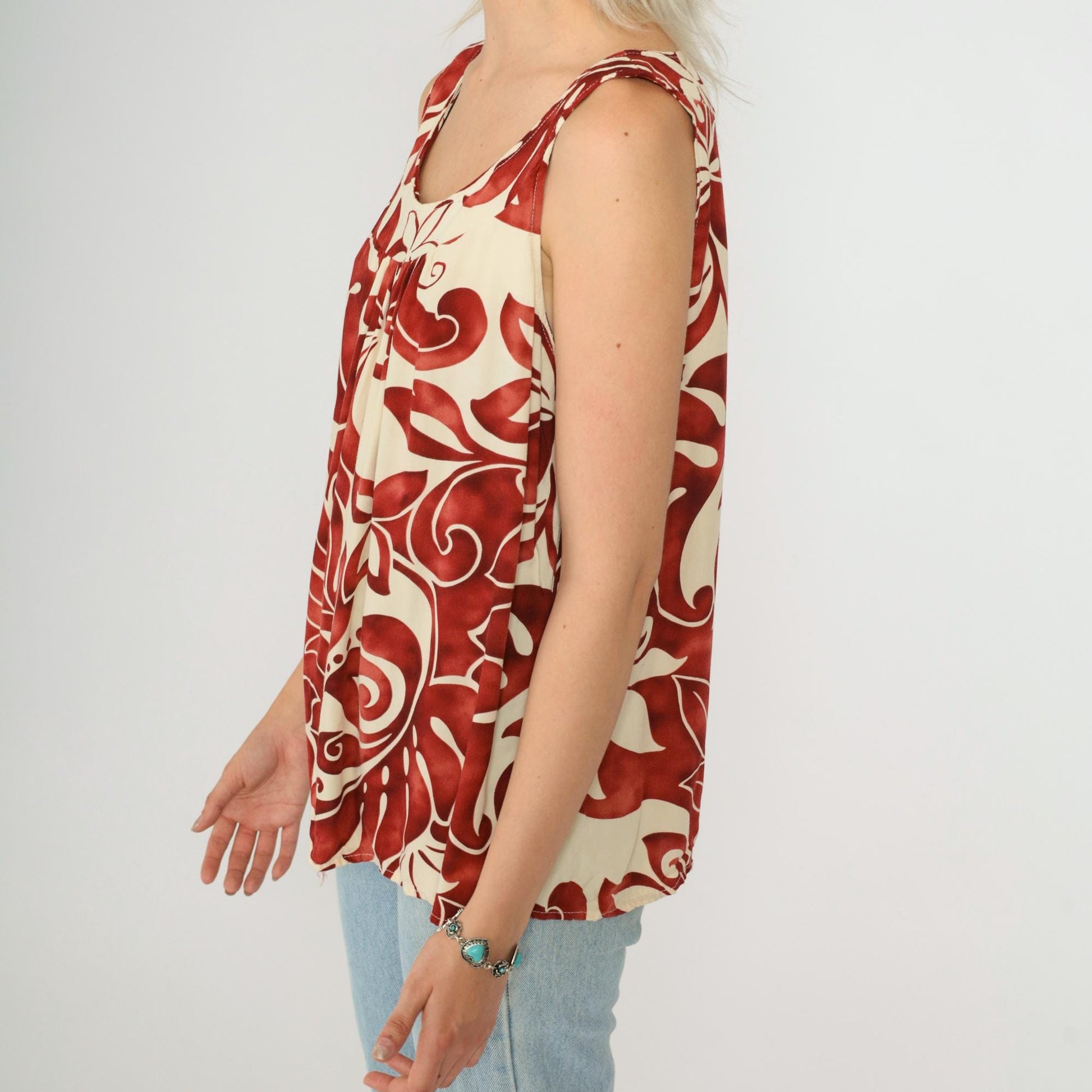 90s Pumehana Tropical Floral Tank Top Cream Red Hawaiian Sleeveless Medium