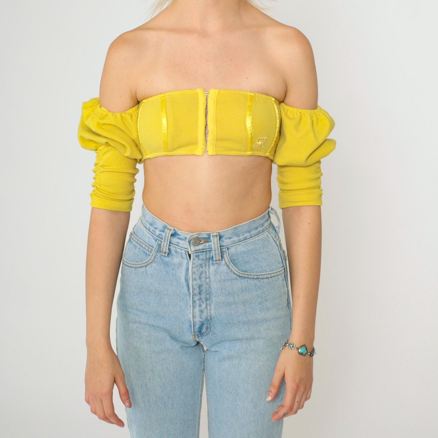 Y2K Yellow Off-Shoulder Crop Top Puff Sleeve Hook Front Extra Small
