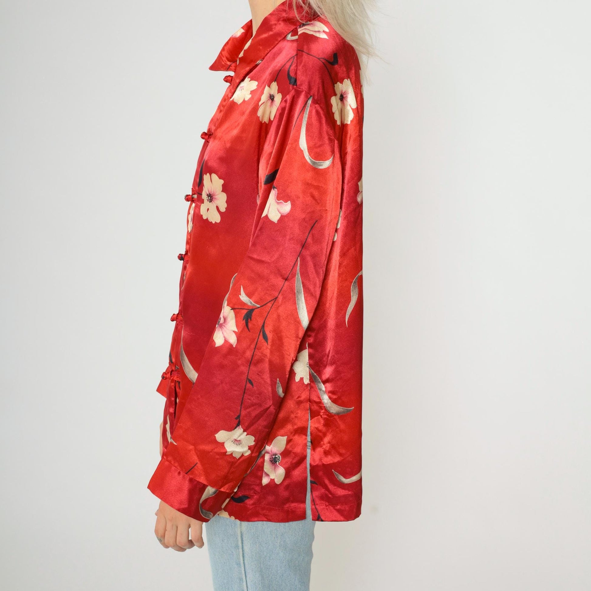 90s Neiman Marcus Red Floral Satin Blouse Frog Closures Ombre Medium