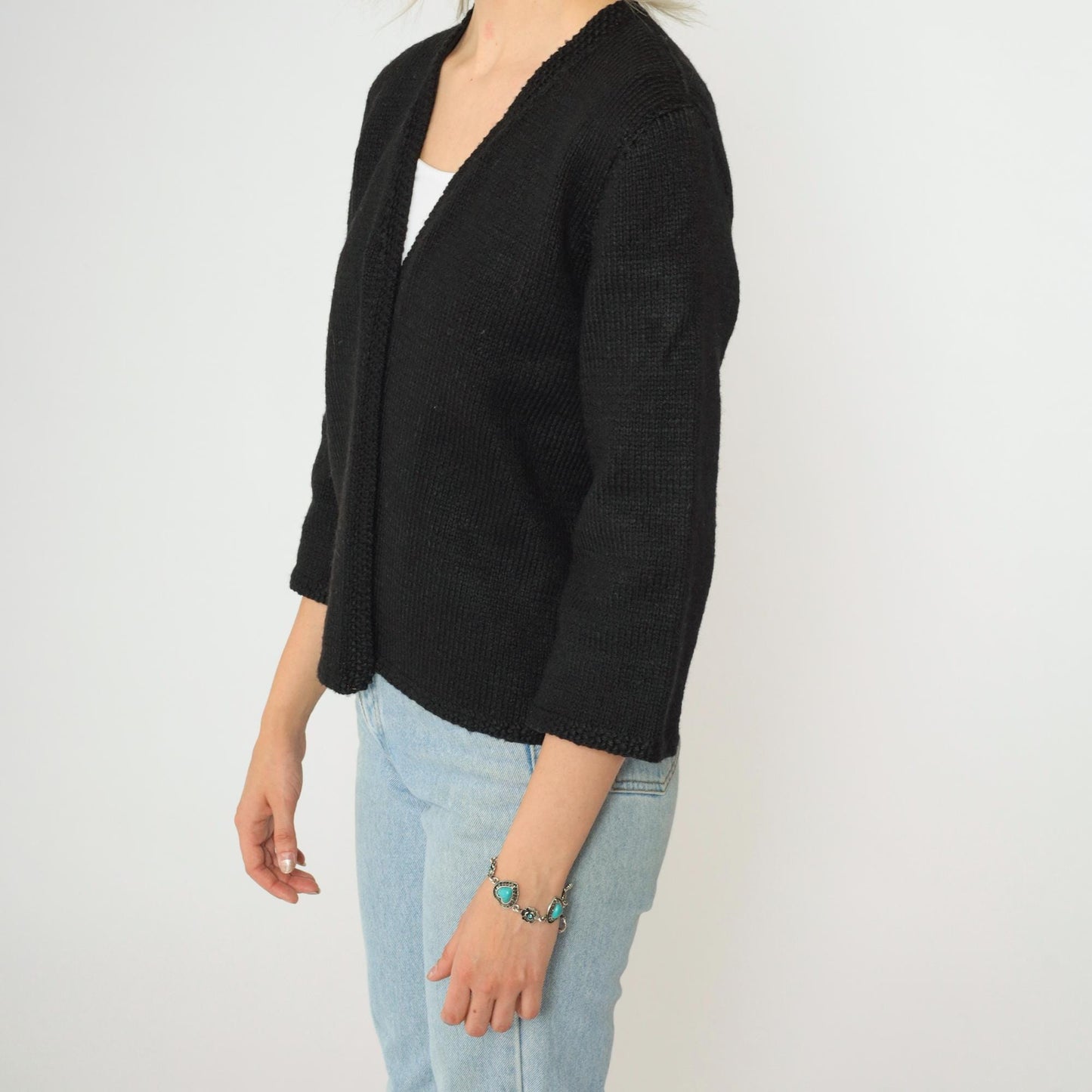 60s Black Wool Cardigan 3/4 Sleeve Open Front Knit Sweater Small