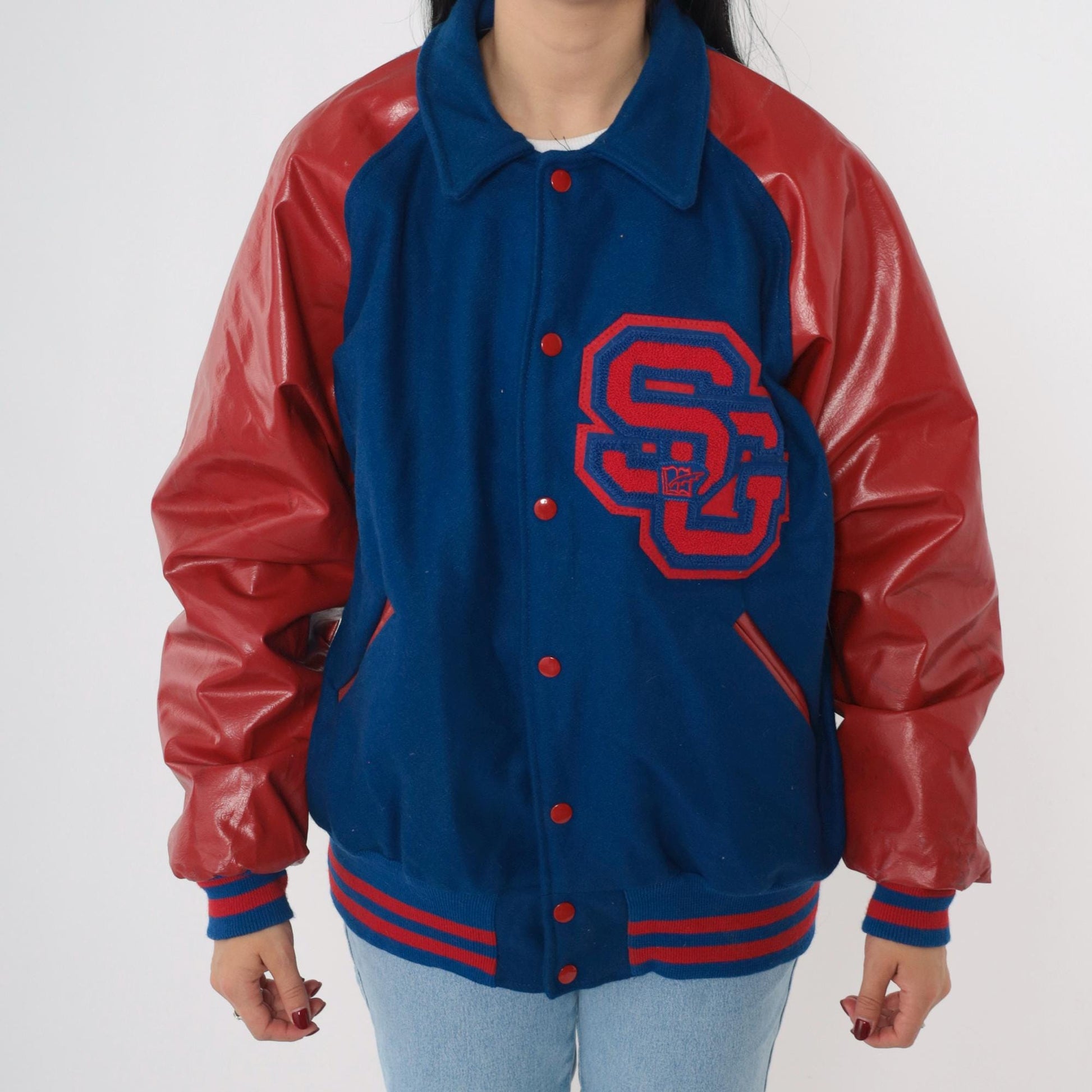 90s Varsity Jacket Blue Red Wool Melton Leather Sleeves SG Patch Men's Large L