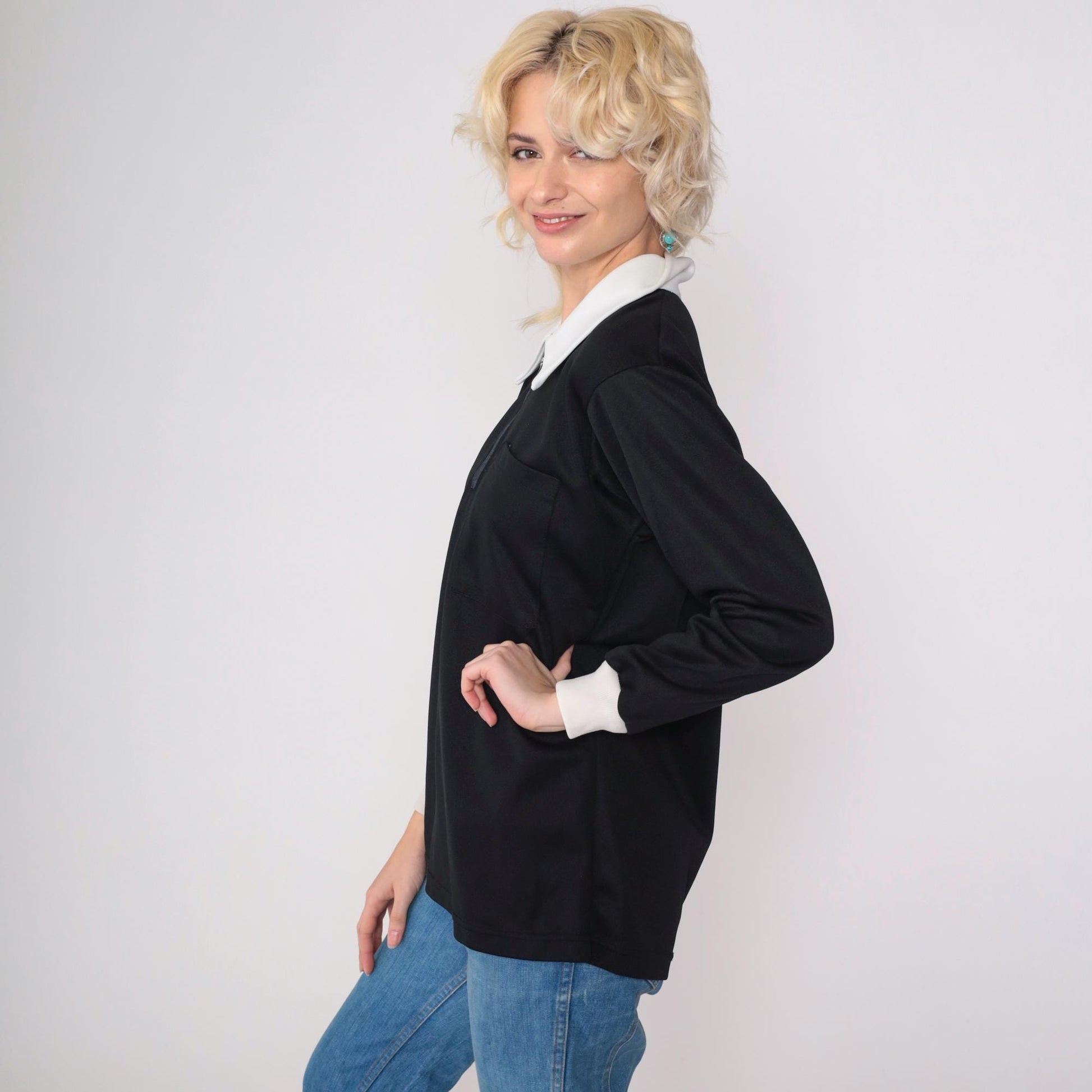 70s Black White Dagger Collar Zip Shirt Quarter Zipper Mod Top Medium