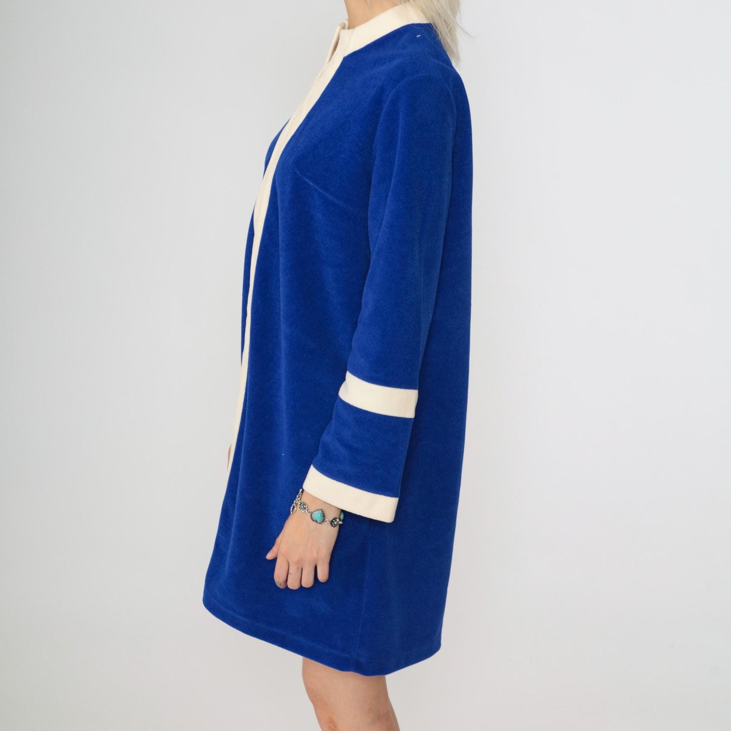 70s Vanity Fair Velour Robe Dress Royal Blue Stripe Mini Mandarin Collar Medium