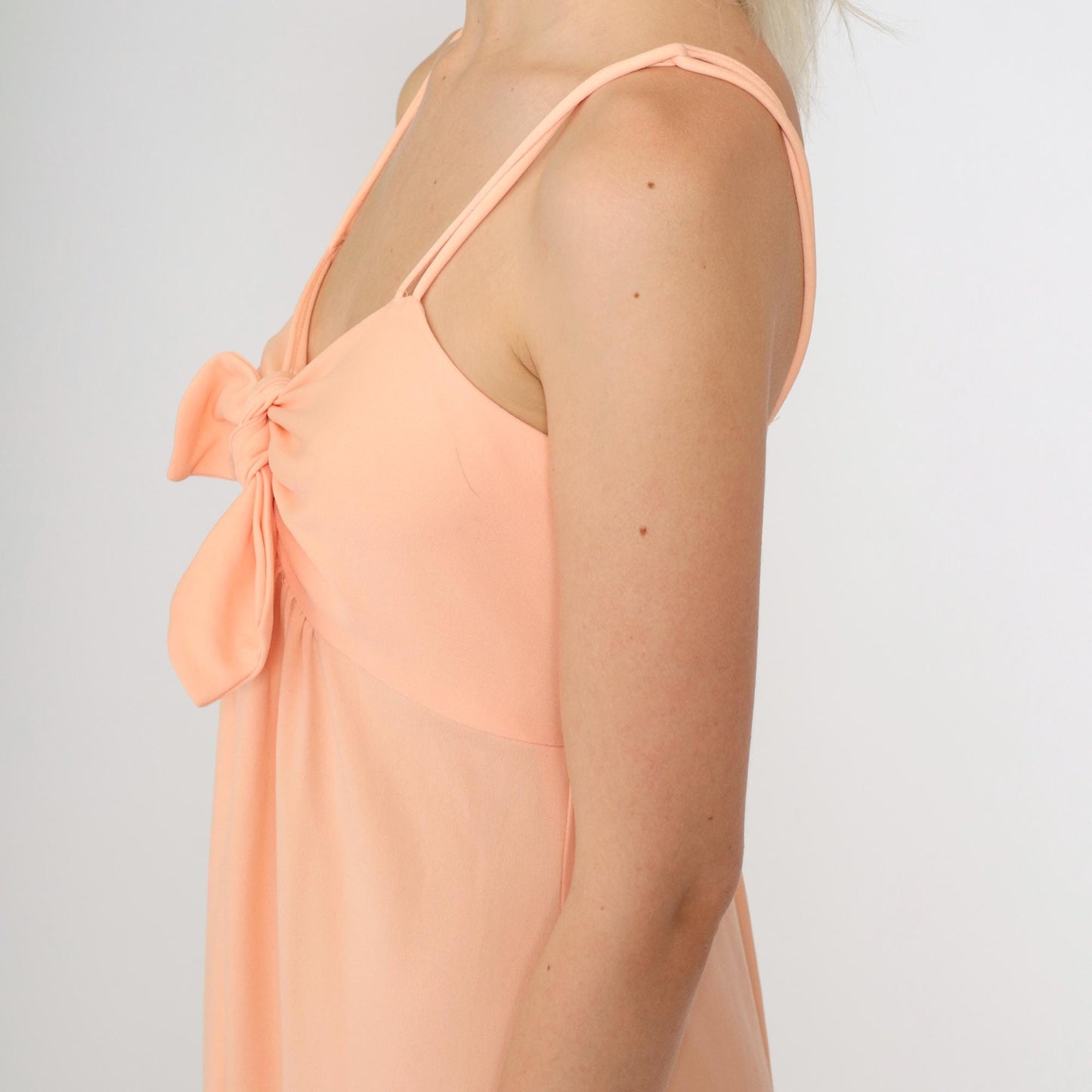 1970s Peach Grecian Maxi Dress Empire Waist Chest Tie Spaghetti Strap Small
