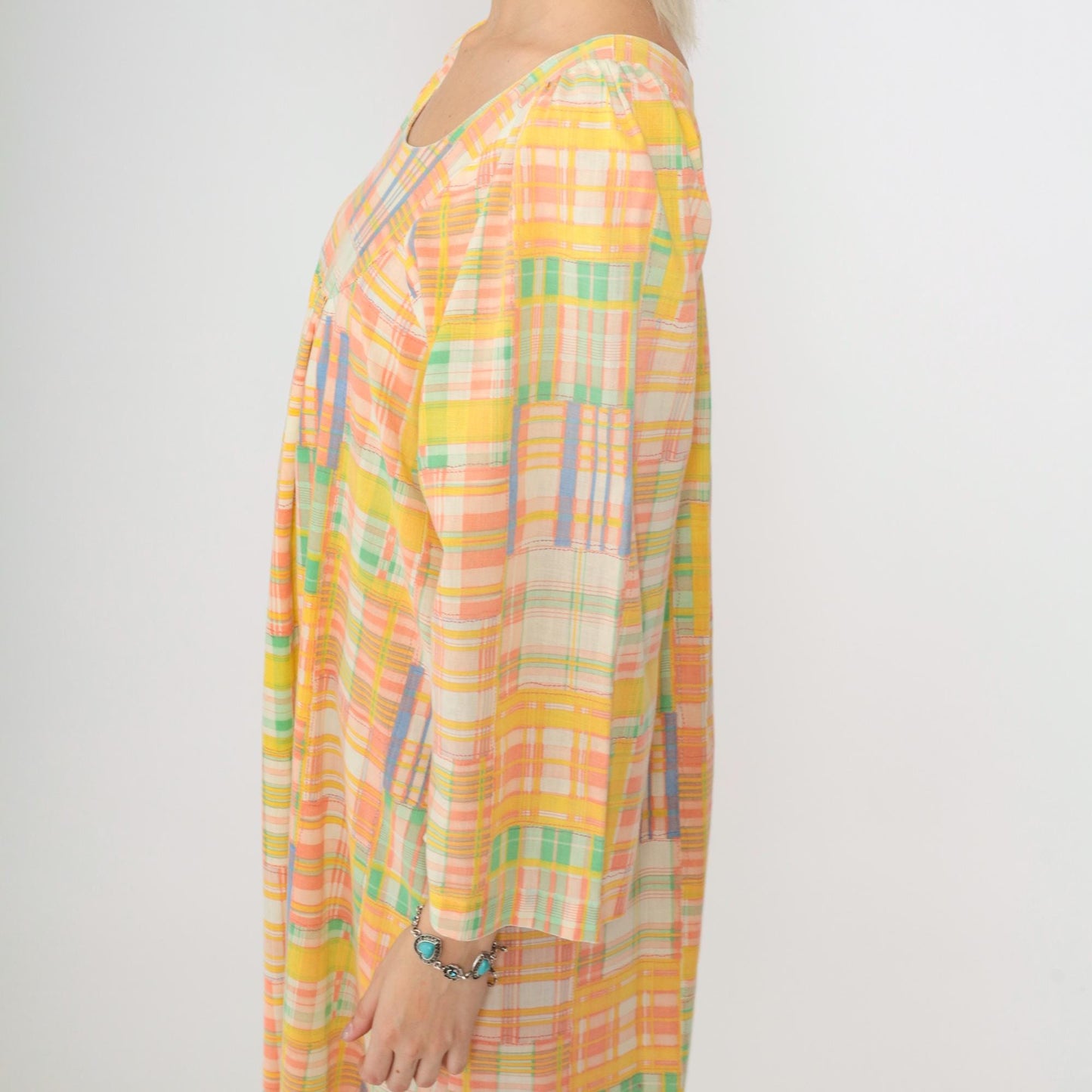 70s Patchwork Plaid Caftan Maxi Dress Wide Sleeve Yellow Peach Small