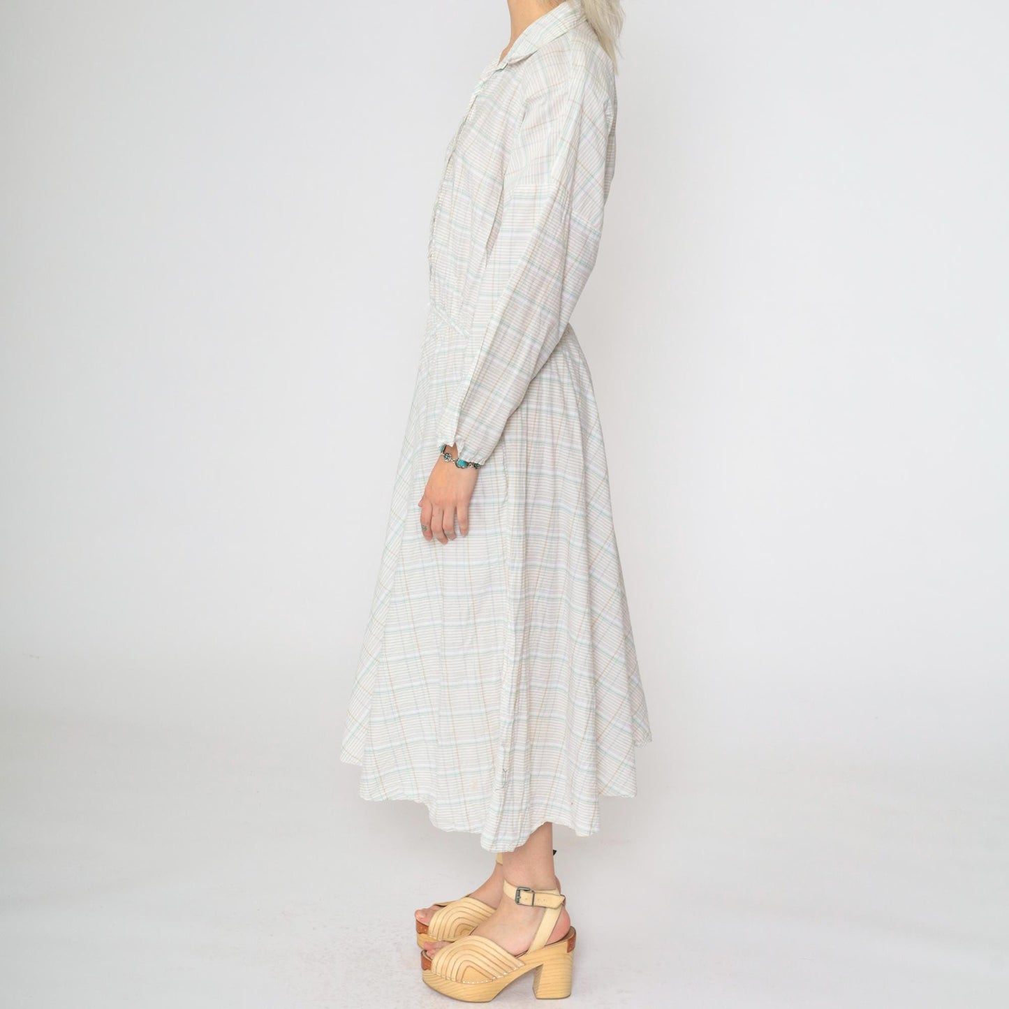 80s American Shirt Dress Plaid Midi Button-Up White Tan Aqua Cotton Medium Large