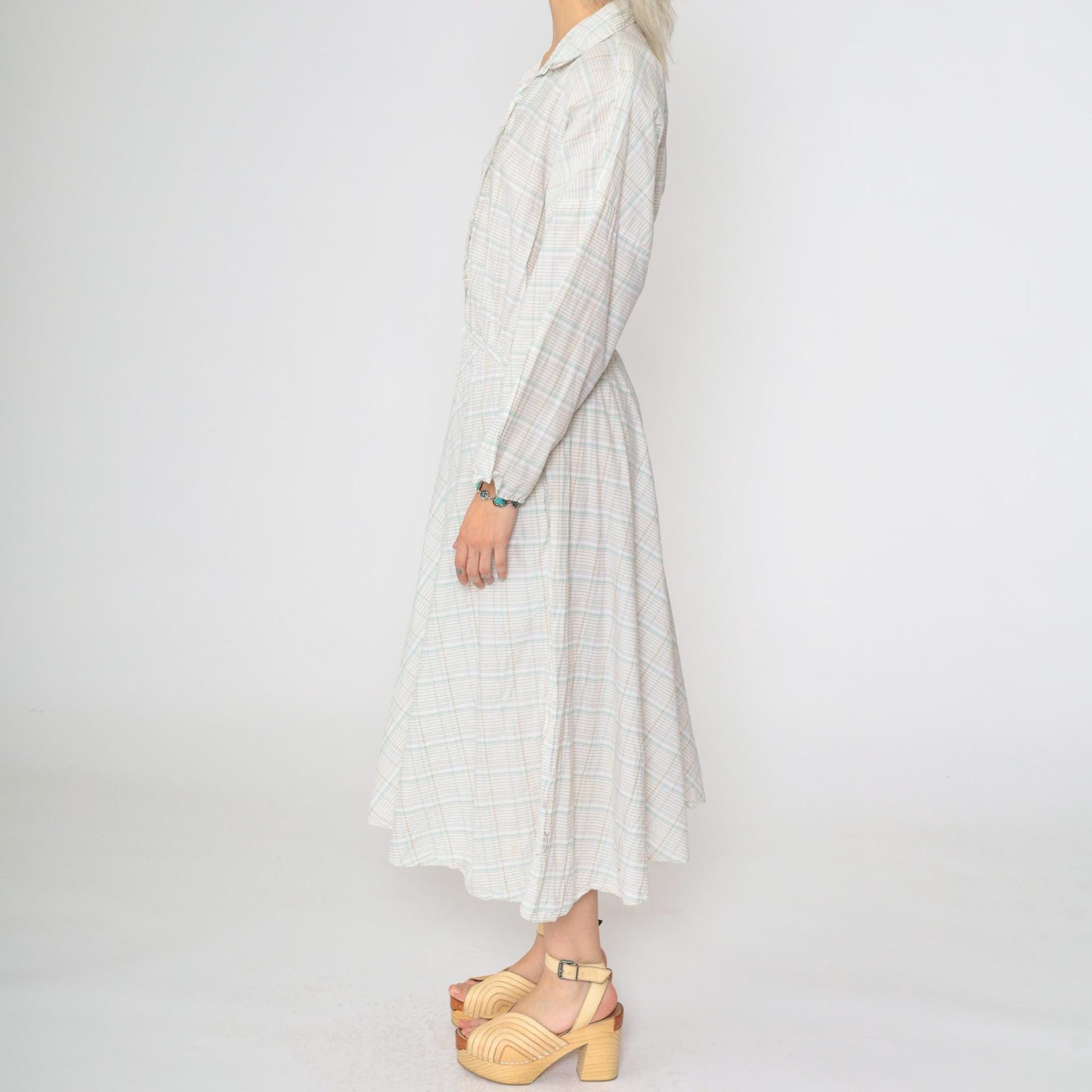 80s American Shirt Dress Plaid Midi Button-Up White Tan Aqua Cotton Medium Large