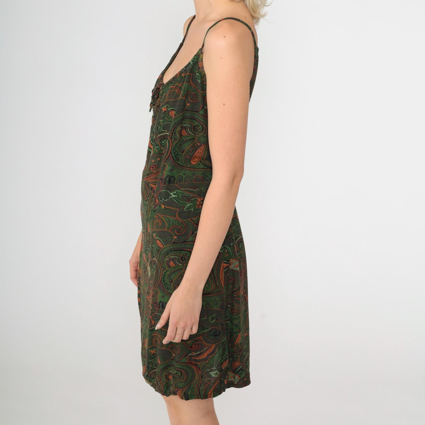 90s Paisley Print Mini Sundress Green Orange Spaghetti Strap Keyhole Medium