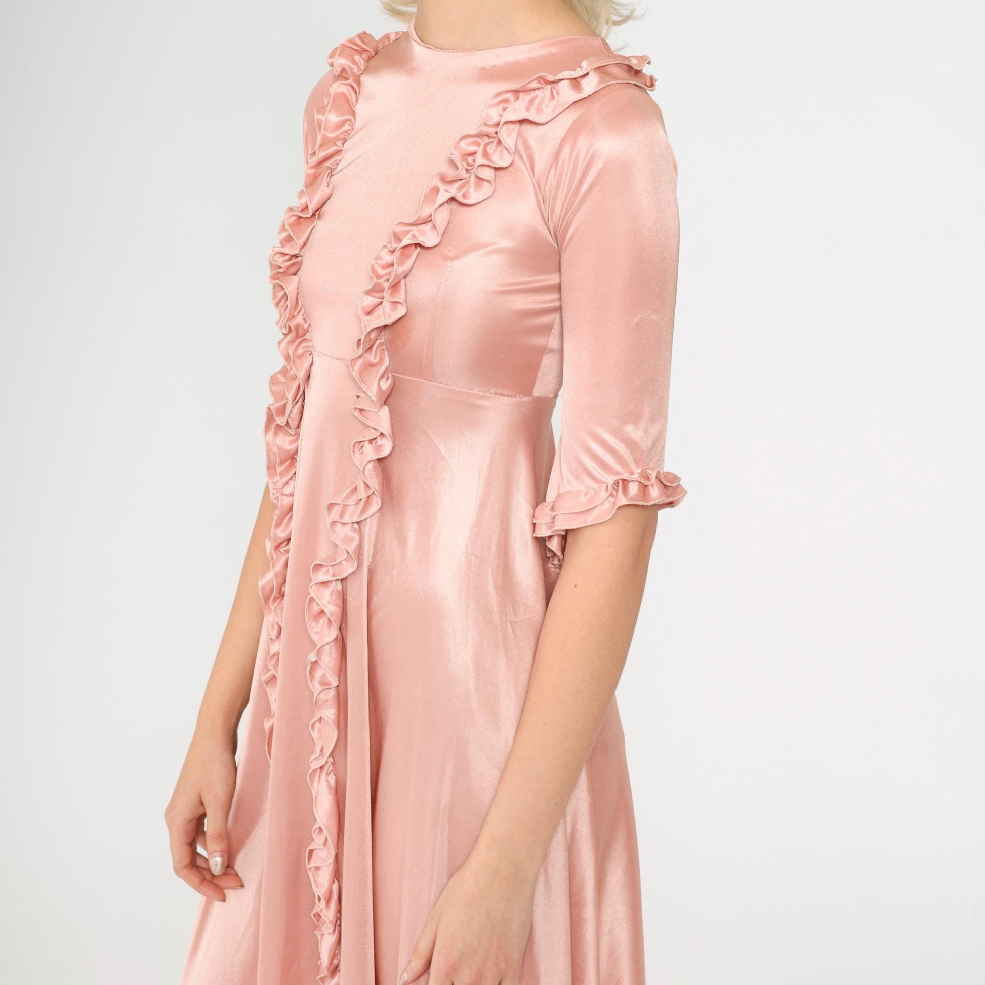 70s Pink Ruffled Babydoll Midi Dress Empire Waist Half Sleeve XXS