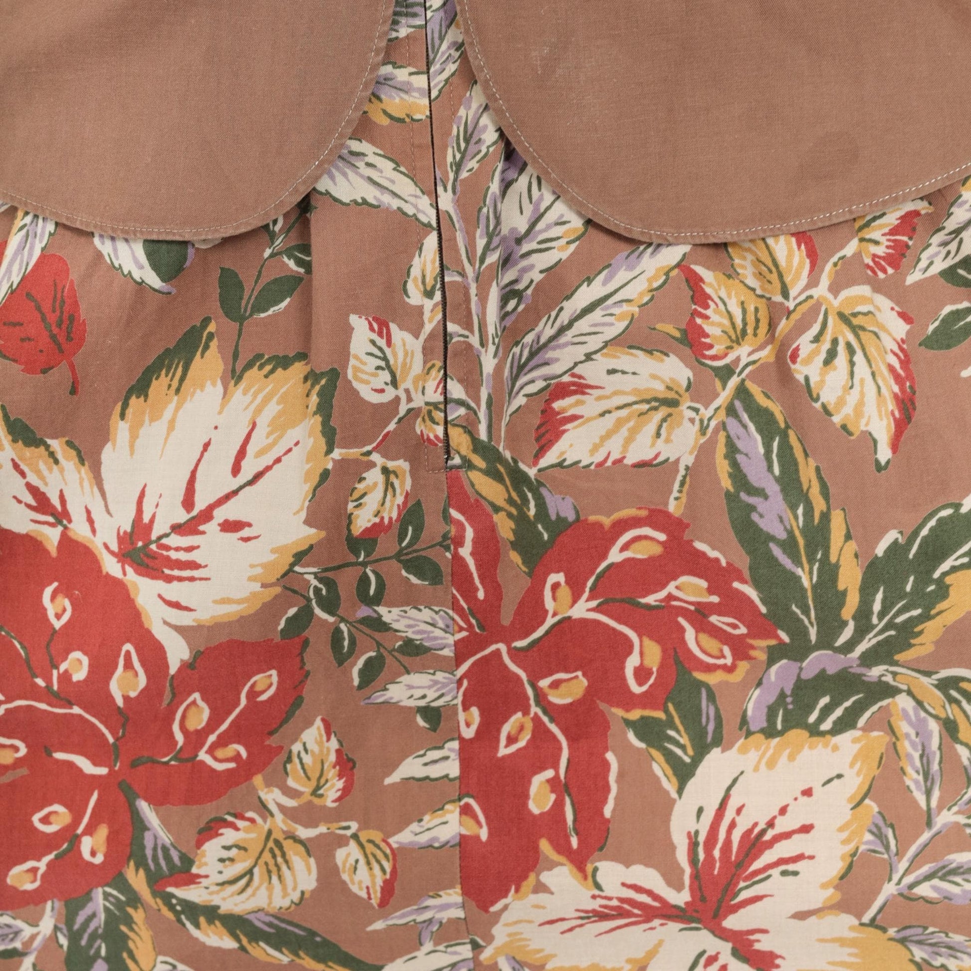 70s Floral Midi Dress Peplum Button-Up Cap Sleeve Red Green Beige Small