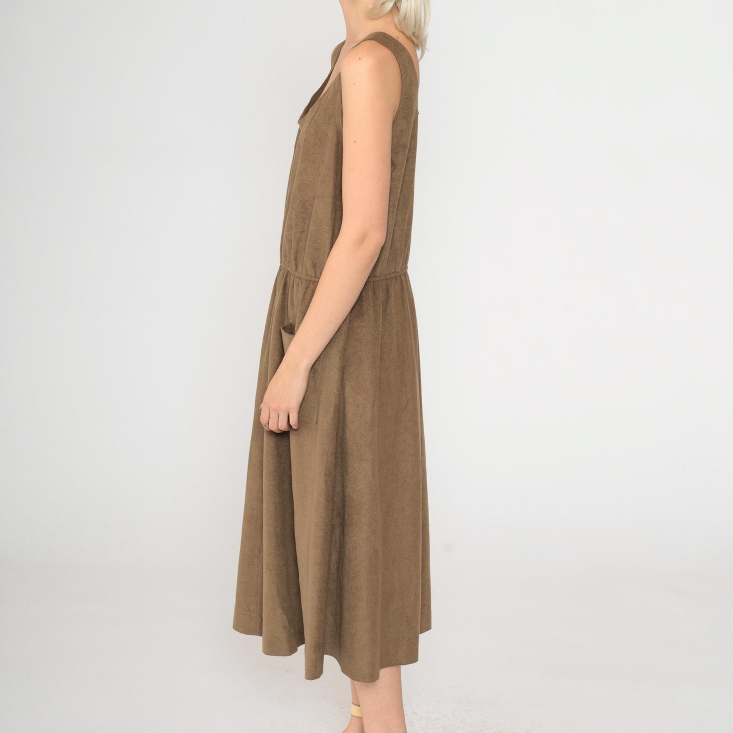 80s Brown Faux Suede Midi Dress Sleeveless Scoop Neck High Waist Medium Large