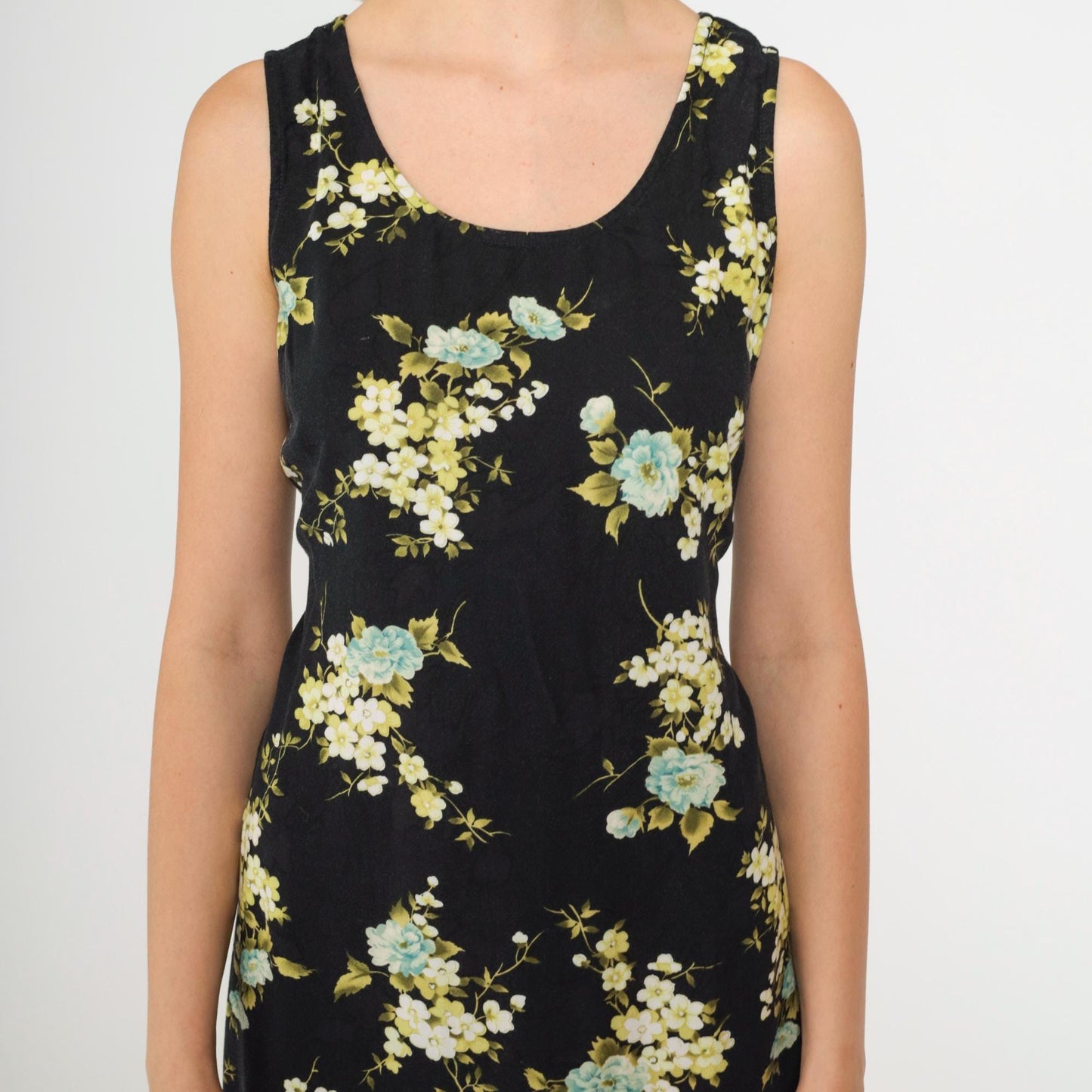 90s R&K Originals Black Floral Rayon Dress Sleeveless Ankle Length Medium