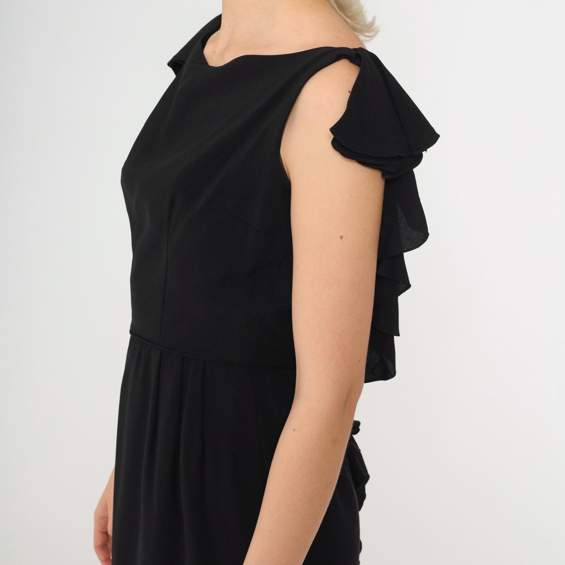 1960s Black Sheath Dress Ruffle Open Back Pencil Knee Length Small