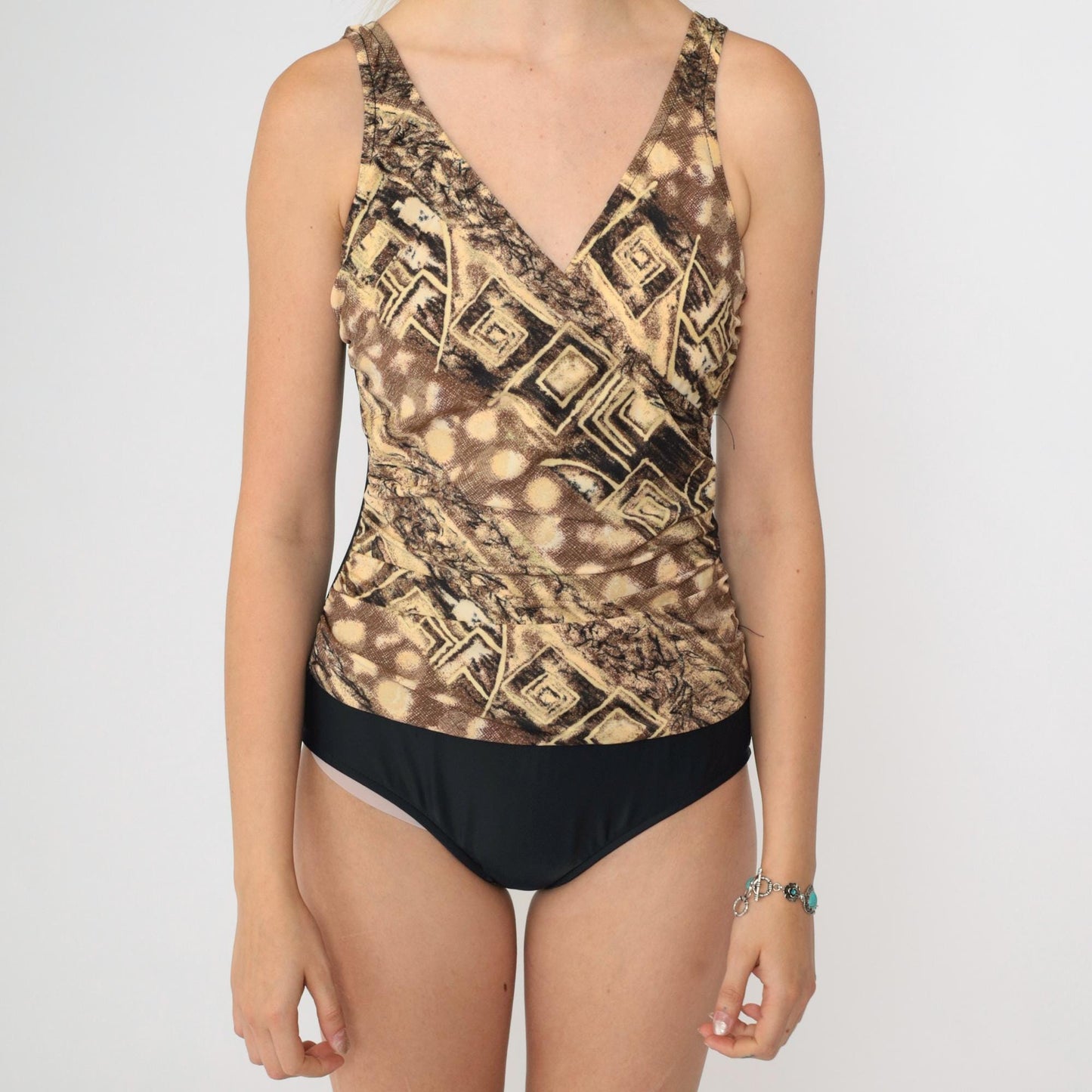 90s Geometric One-Piece Swimsuit Brown Yellow Surplice Neckline Medium 8