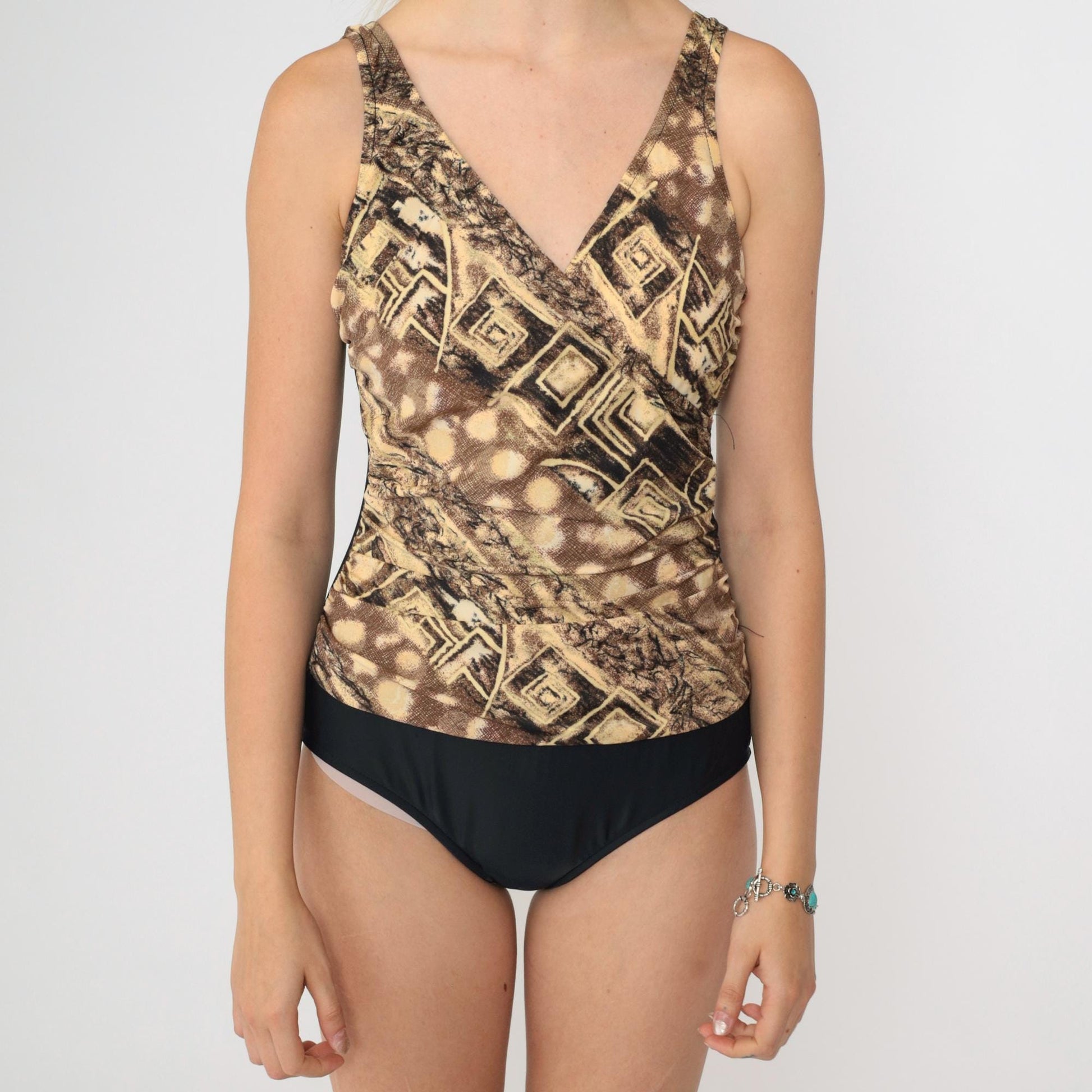 90s Geometric One-Piece Swimsuit Brown Yellow Surplice Neckline Medium 8