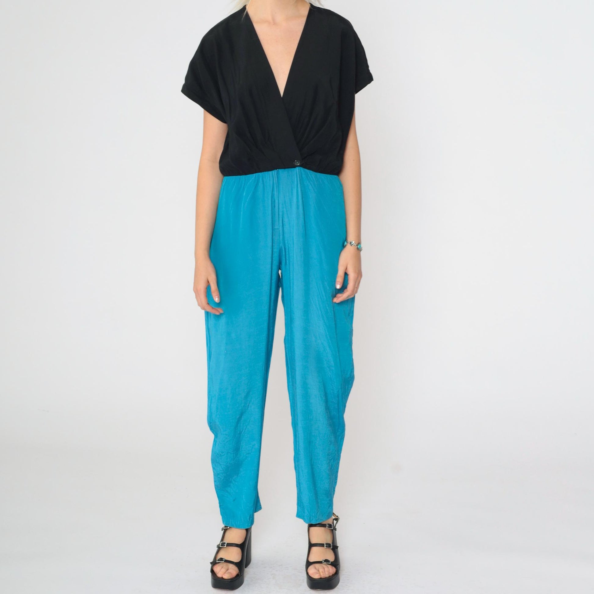 80s Colour Block Jumpsuit Black Blue Wrap V-Neck Tapered Small S