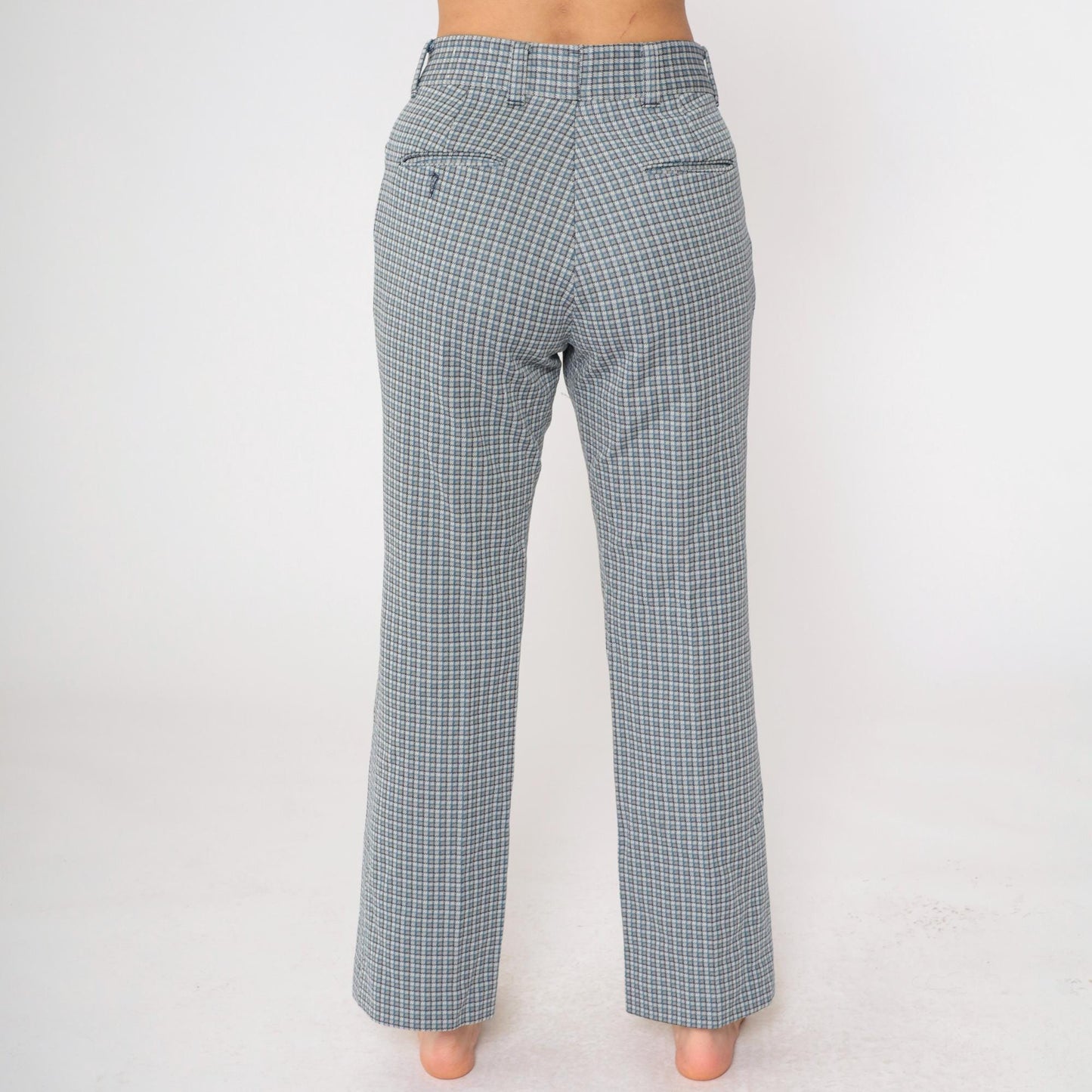 70s Checkered High-Waisted Straight Leg Trousers Grey Blue Medium