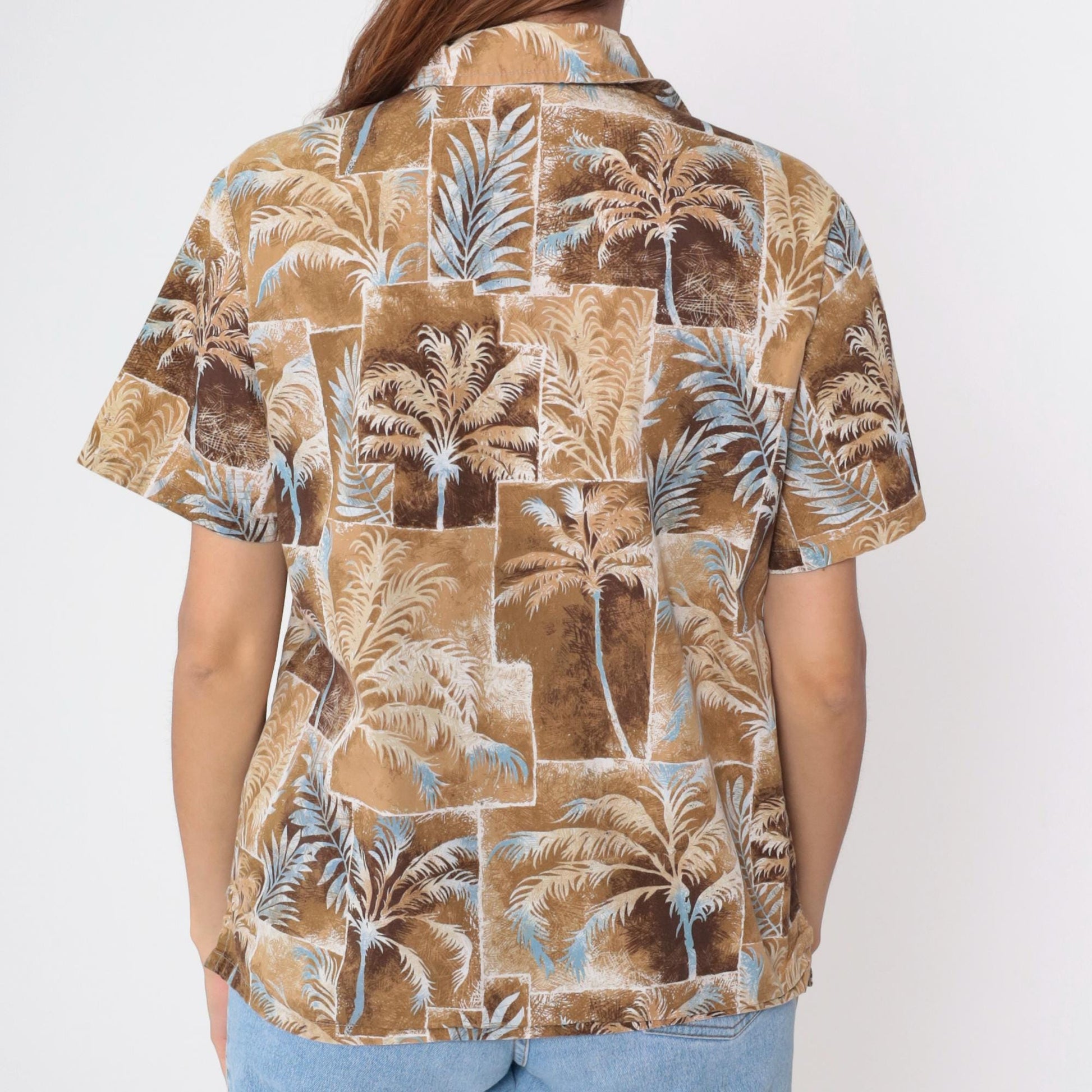90s Hawaiian Shirt Brown Palm Tree Print Cotton Button Up Medium