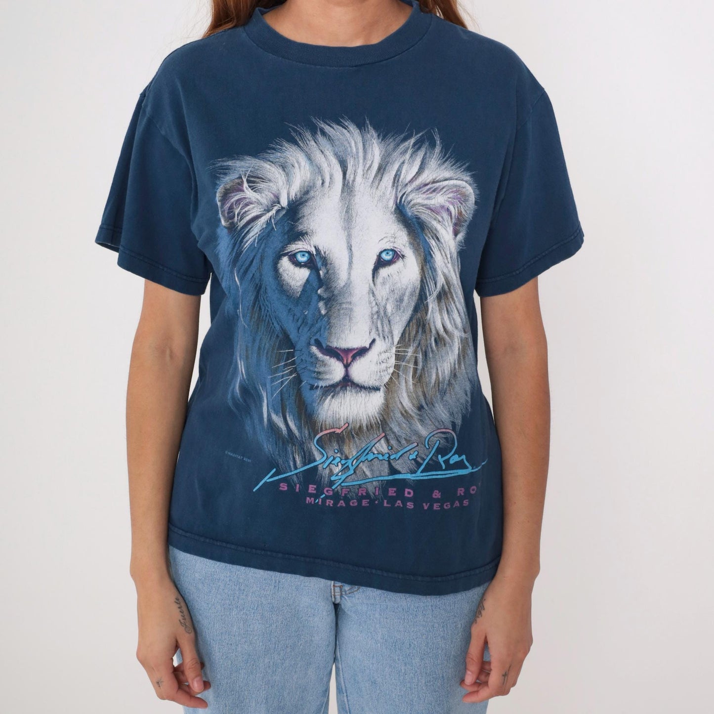90s Siegfried & Roy Lion Graphic T Shirt Mirage Las Vegas Navy Medium