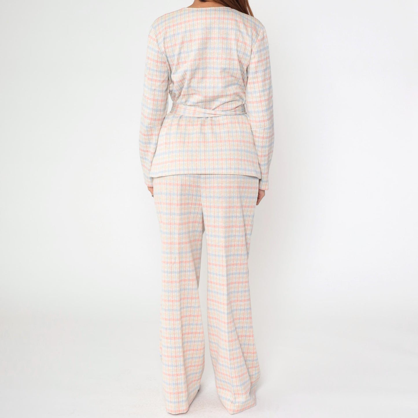 70s Pink Blue Checkered Two Piece Set Wide Leg Pants Blouse Large L