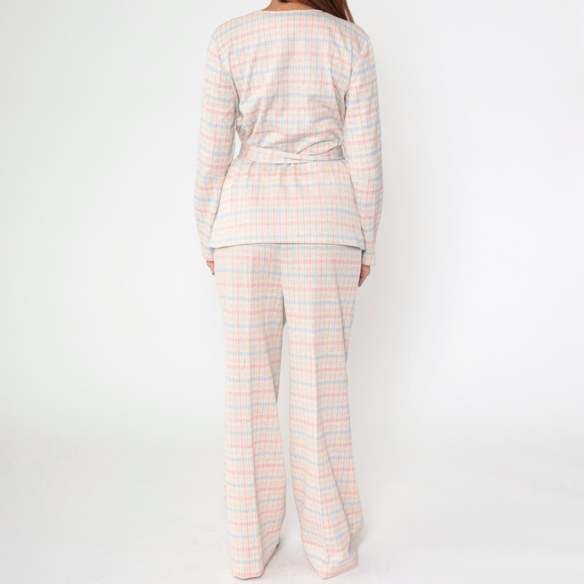 70s Pink Blue Checkered Two Piece Set Wide Leg Pants Blouse Large L