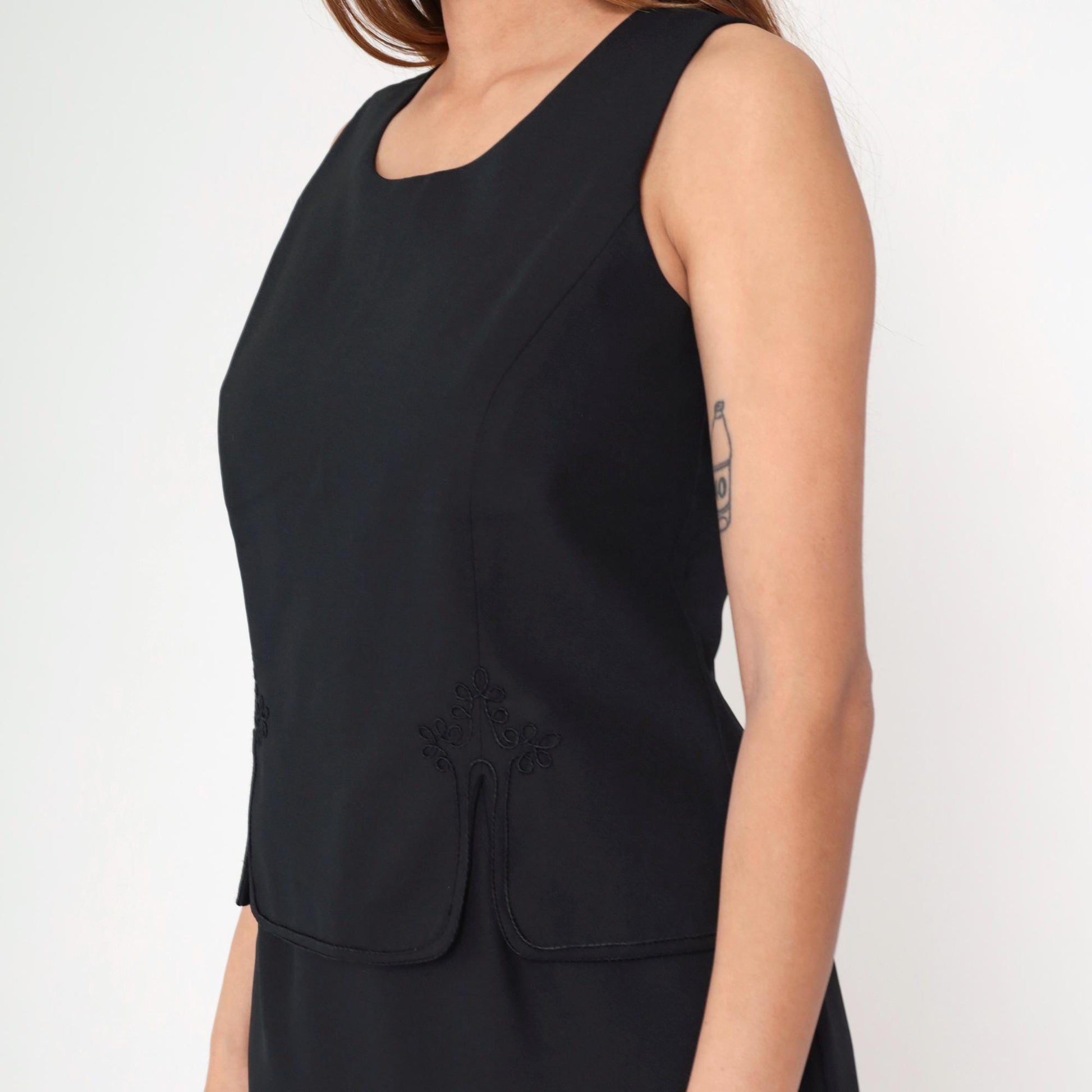 90s Black Mini Dress Soutache Trim Sleeveless Sheath Medium M