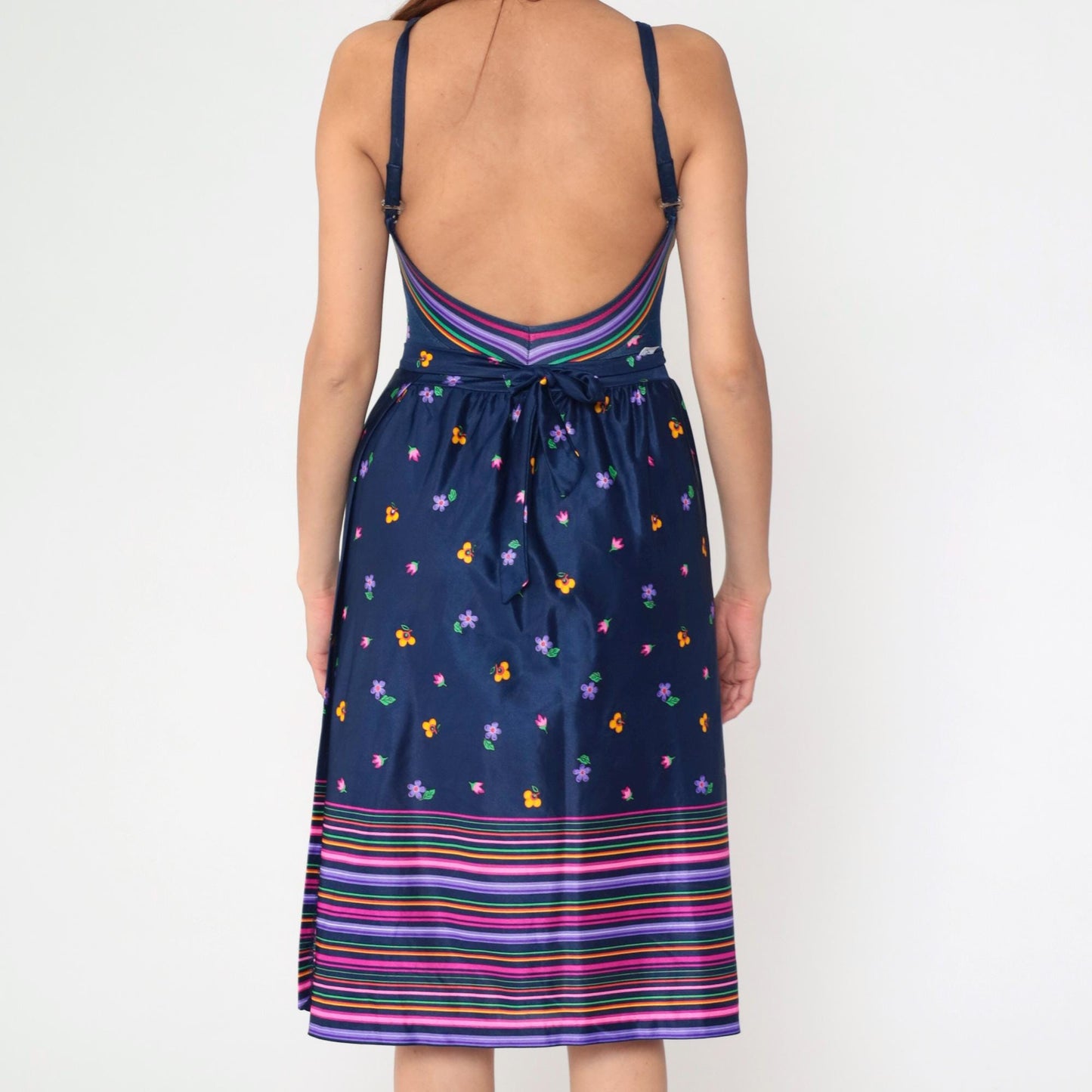 80s Navy Floral Swimsuit & Maxi Wrap Skirt Set V-Neck Boyleg One-Piece Medium 8