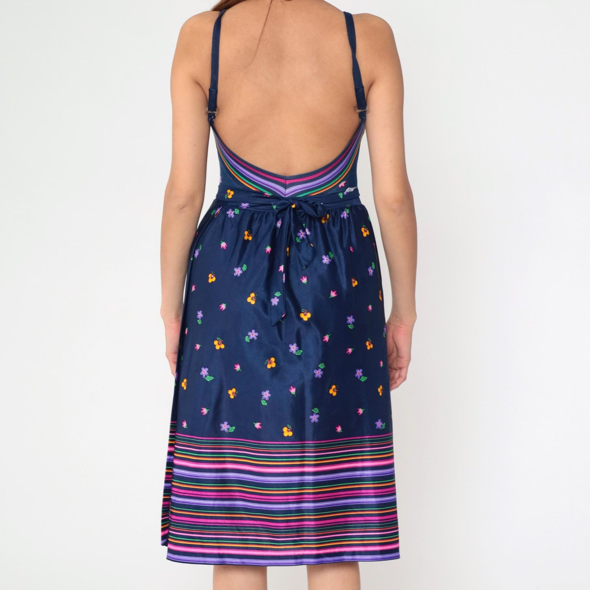 80s Navy Floral Swimsuit & Maxi Wrap Skirt Set V-Neck Boyleg One-Piece Medium 8