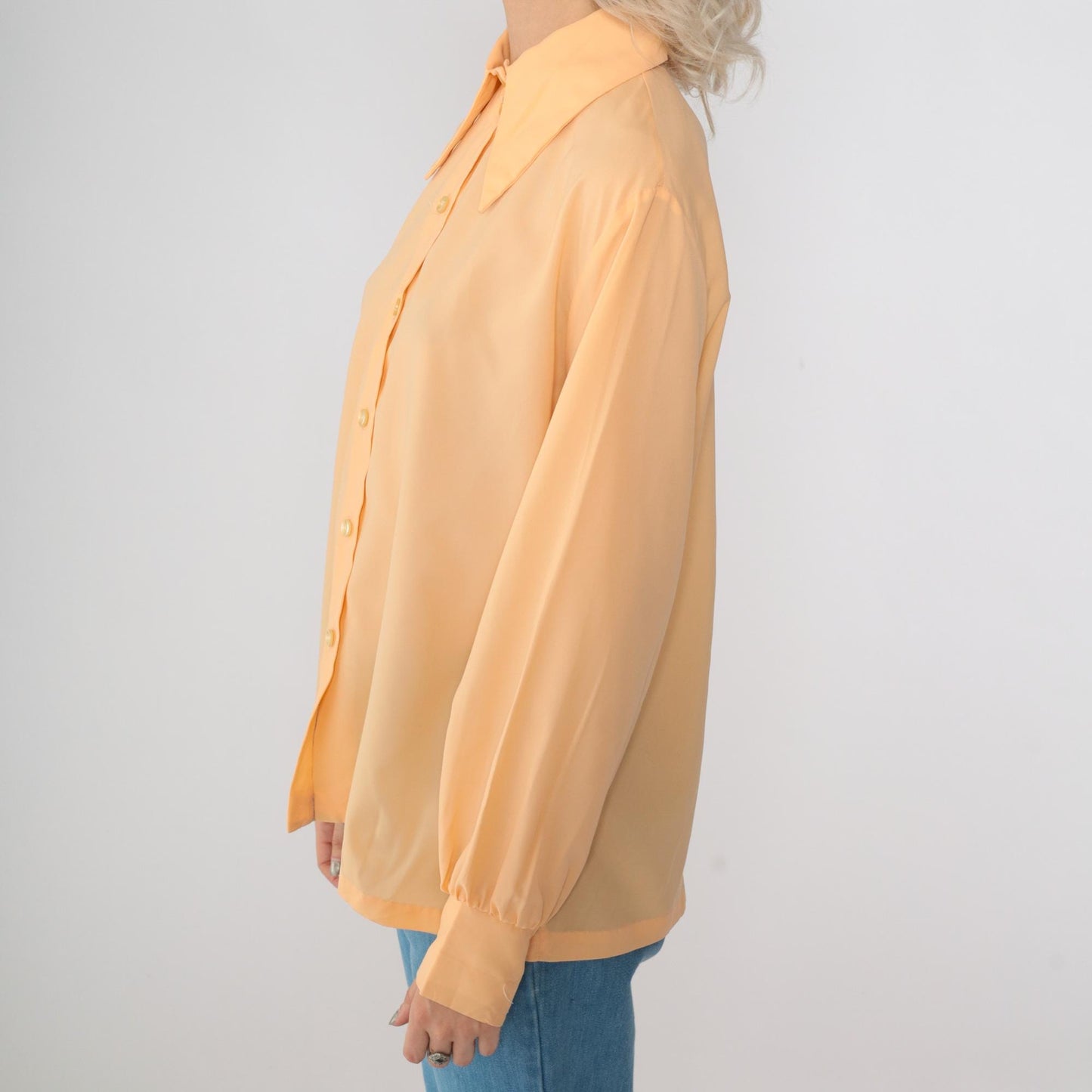 70s Peach Dagger Collar Button-Up Shirt Long Sleeve Large L
