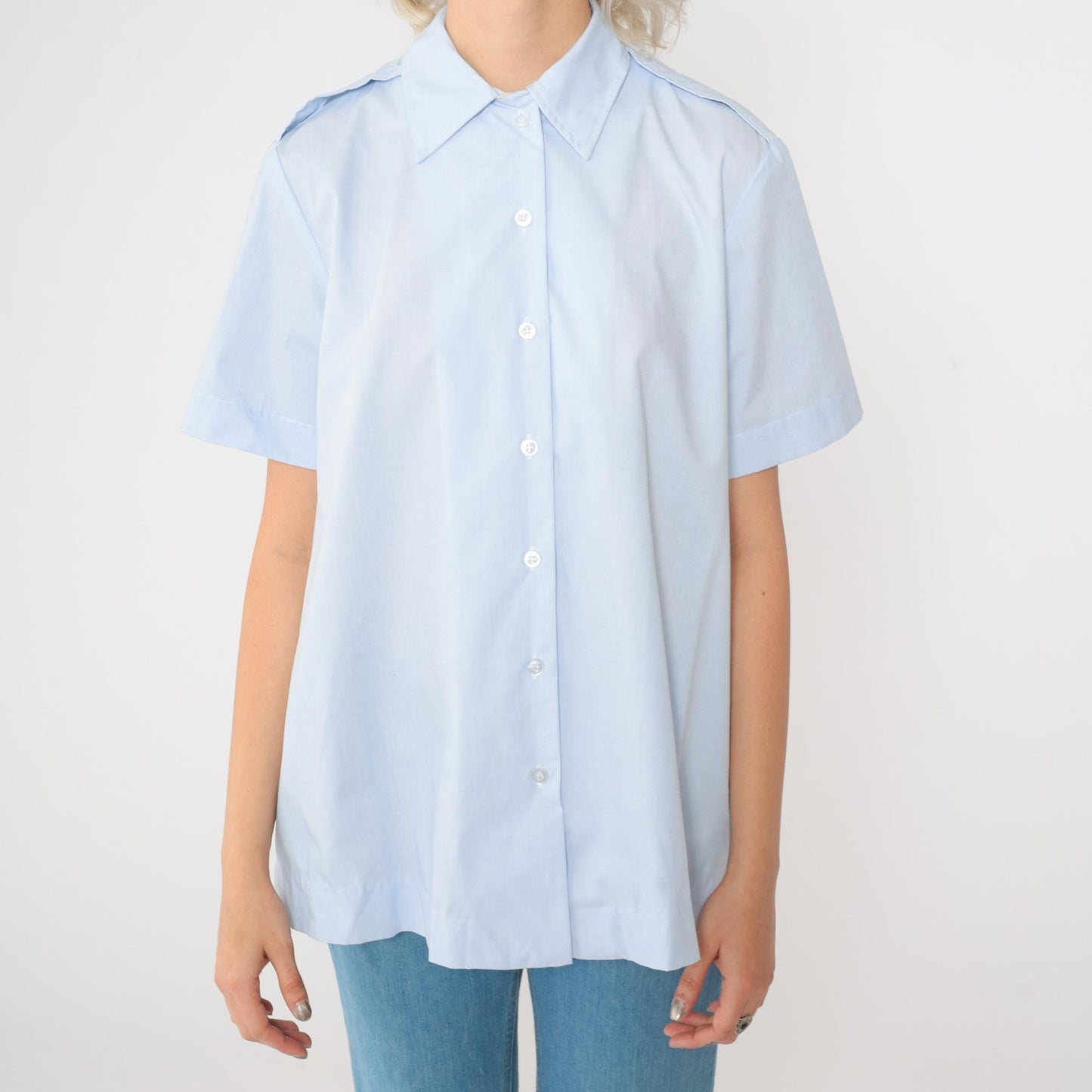 90s Baby Blue Maternity Utility Shirt Short Sleeve Button Up Small
