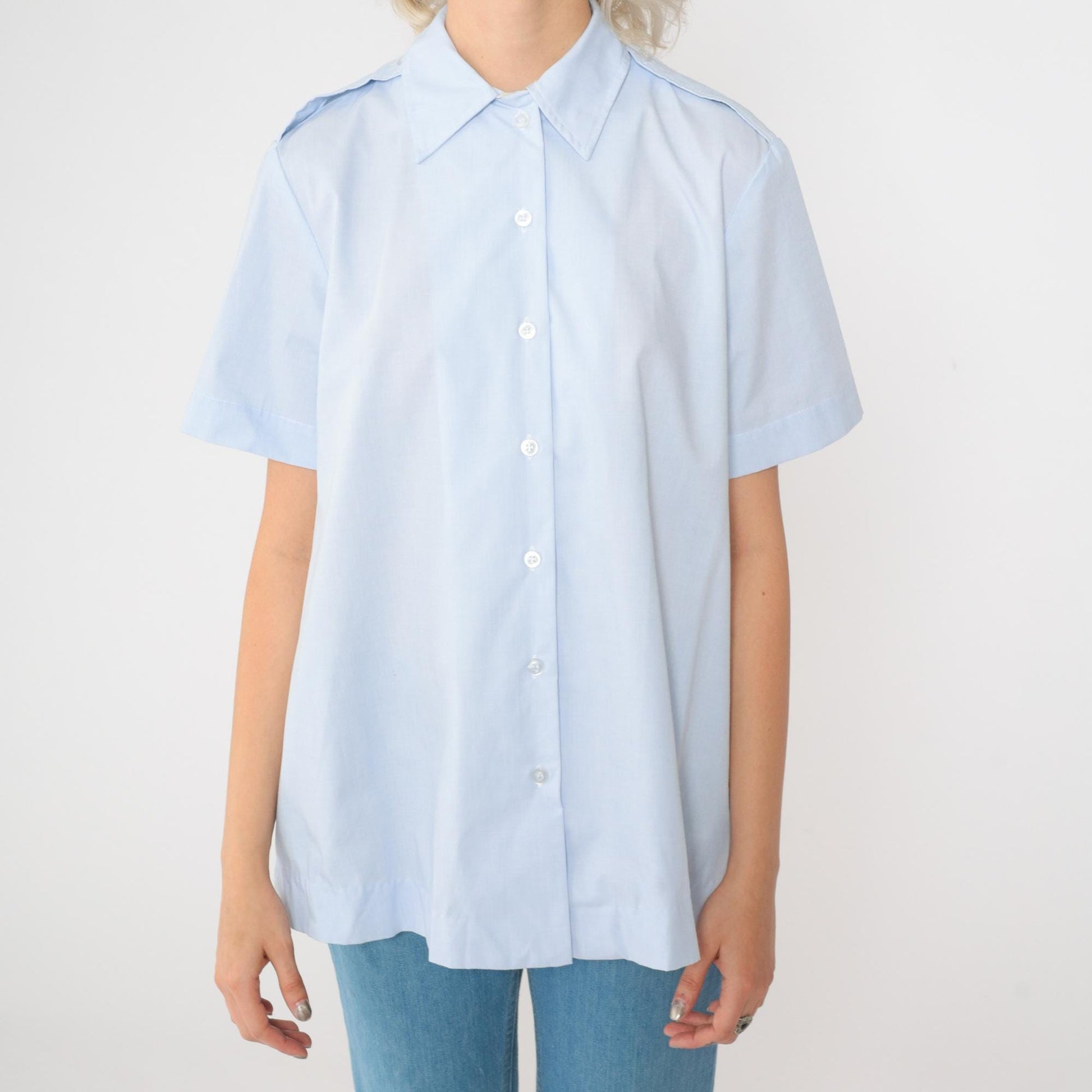 90s Baby Blue Maternity Utility Shirt Short Sleeve Button Up Small