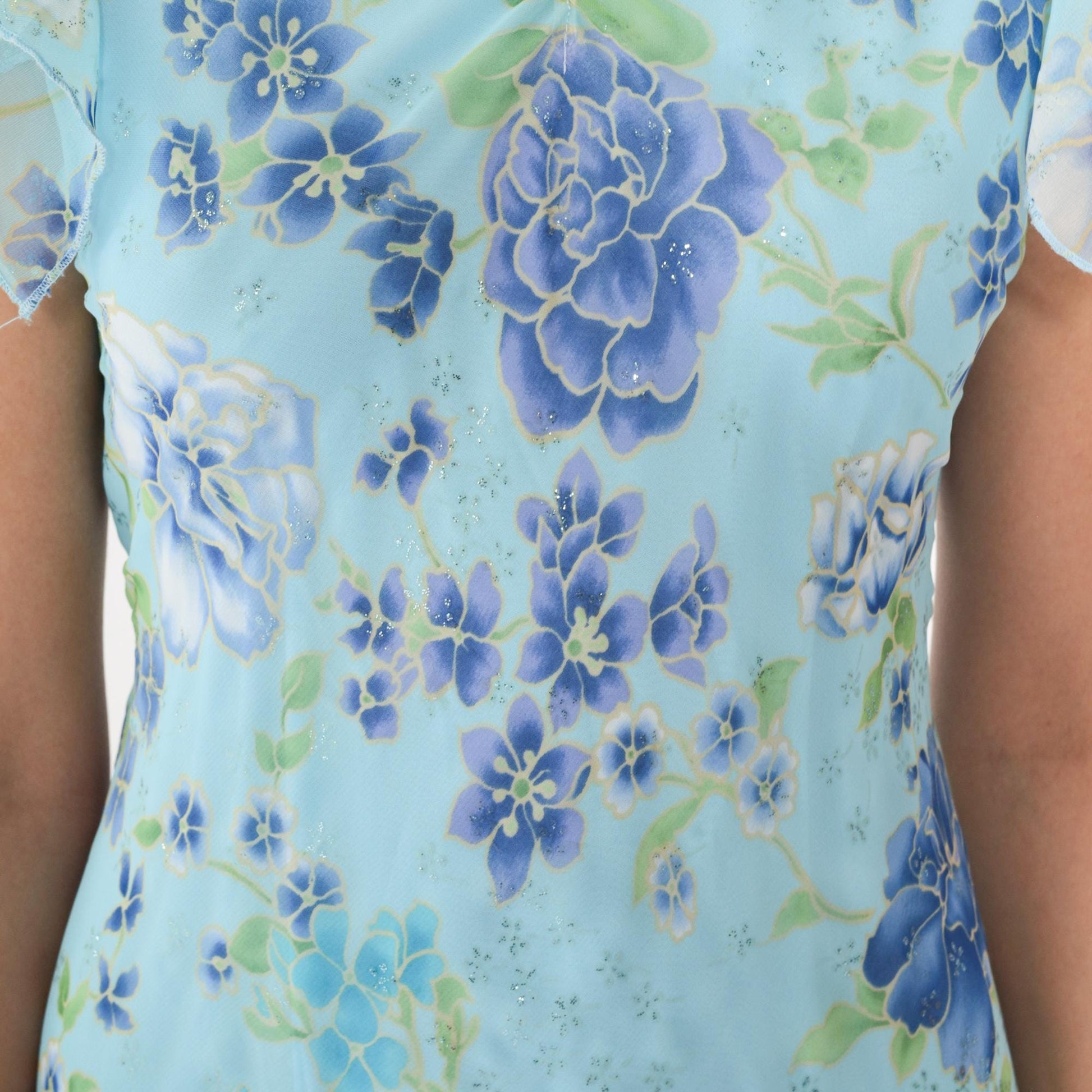 90s Blue Sparkly Floral Midi Dress Asymmetrical V-Neck Flutter Sleeve Small