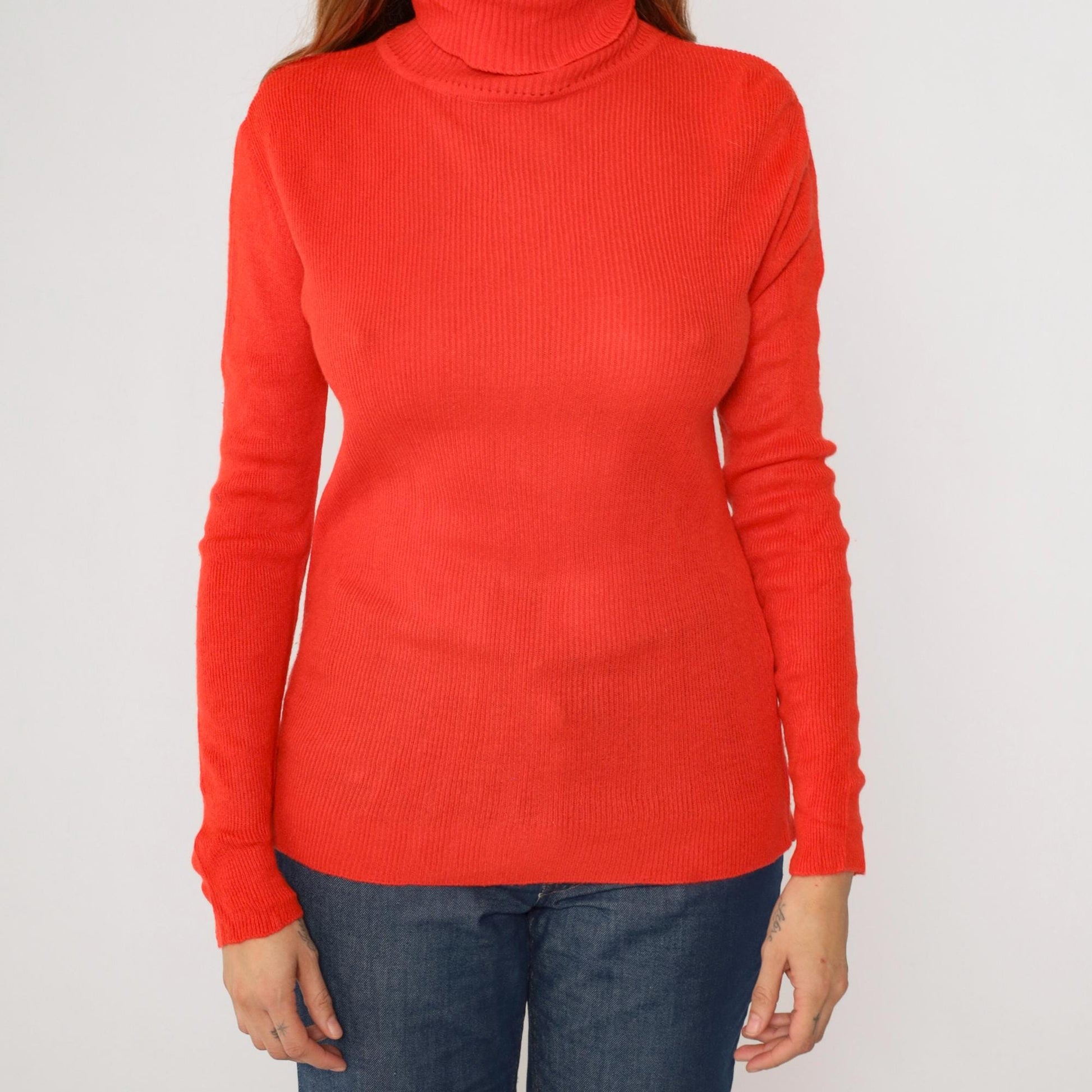 70s Red Ribbed Knit Turtleneck Sweater Pullover Medium