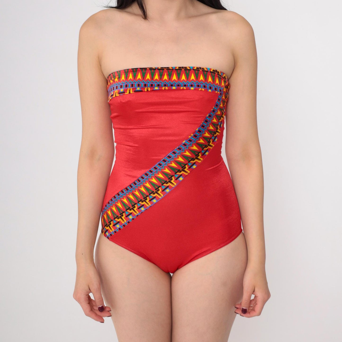 80s Red Geometric Strapless One-Piece Swimsuit Southwestern Small