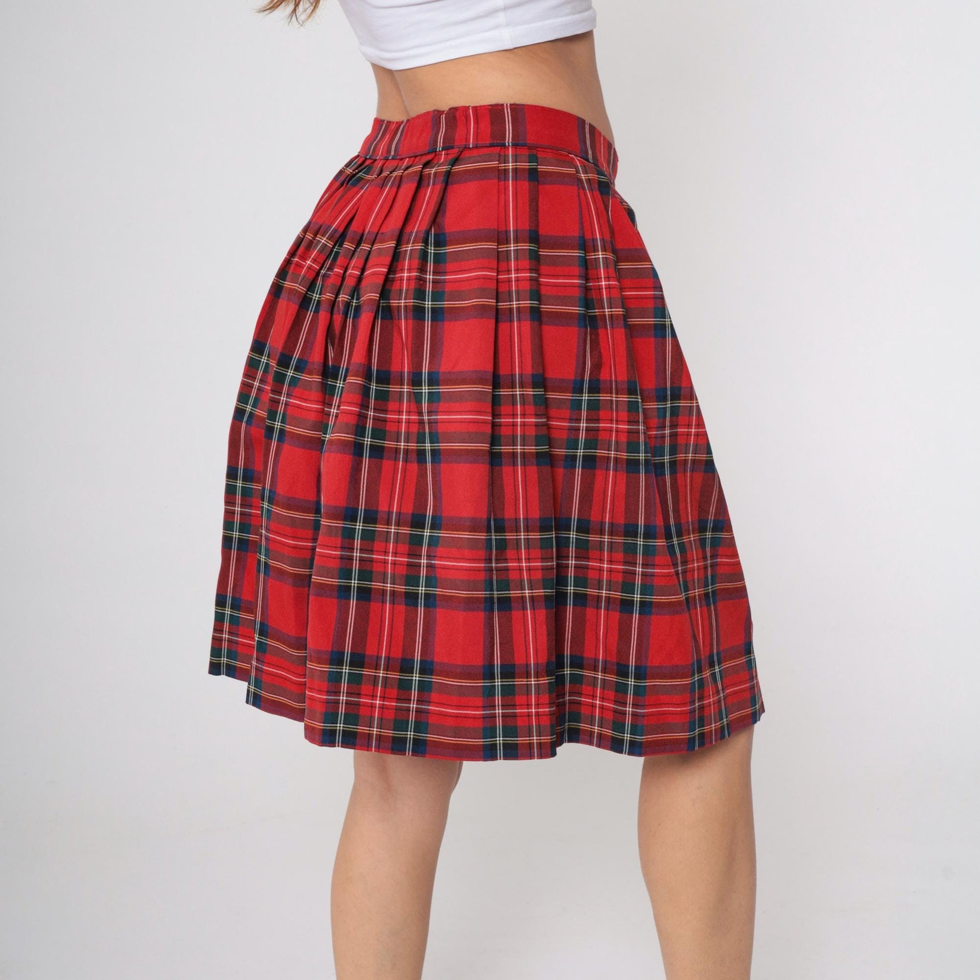90s Red Plaid Pleated Midi Skirt High Waist Tartan Medium
