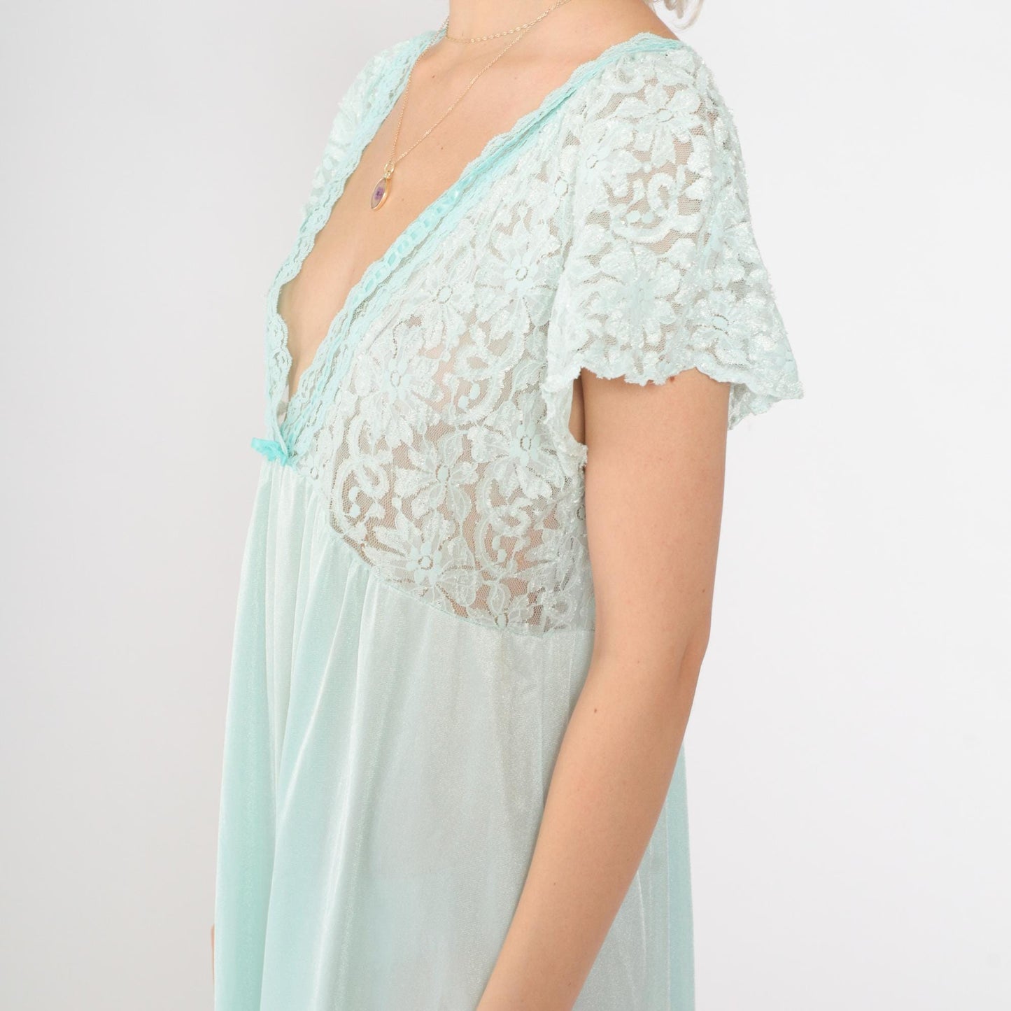 80s Aqua Lace Slip Dress Sheer Flutter Sleeve Nightgown Medium