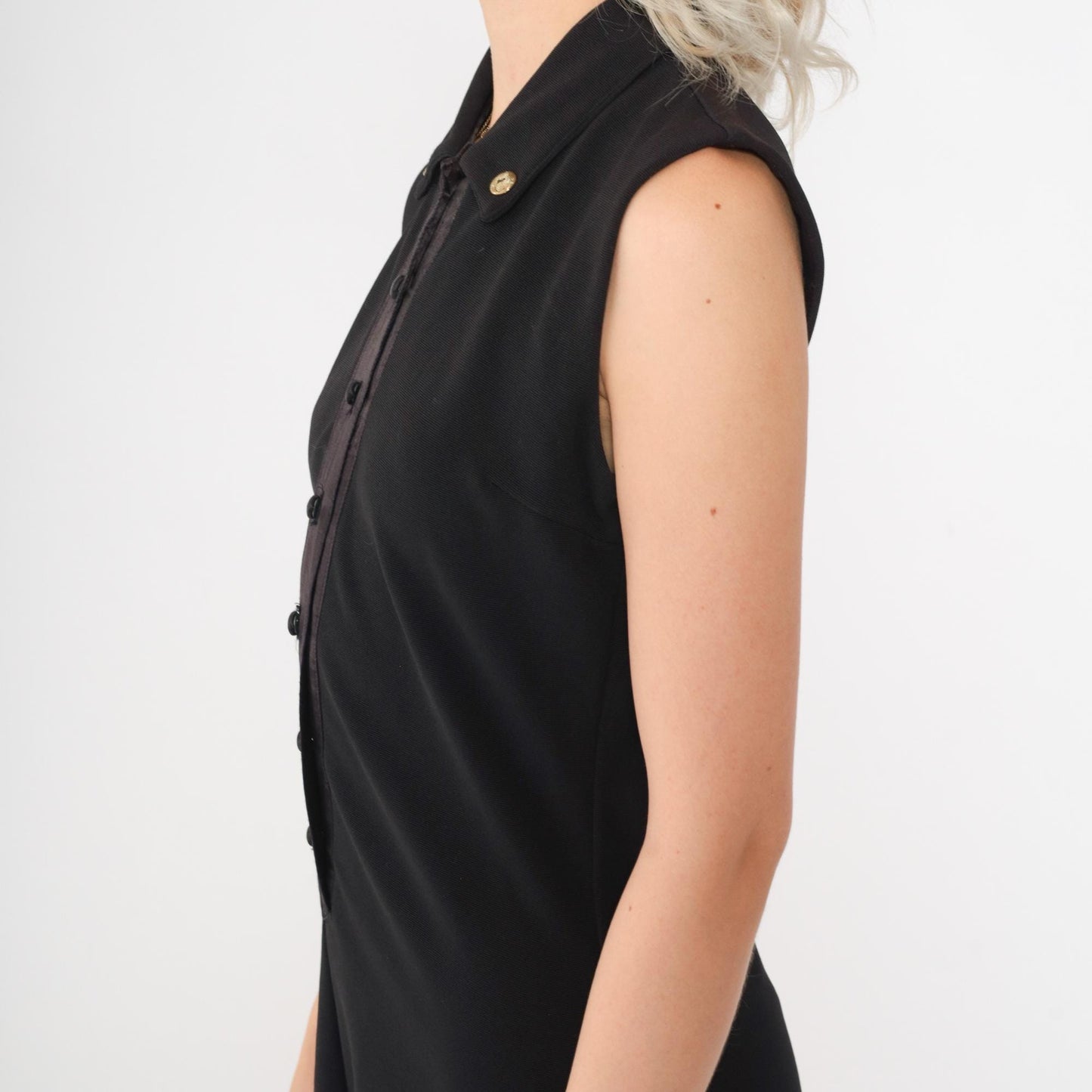 90s Black Button-Up Mini Dress Sleeveless Shift Small