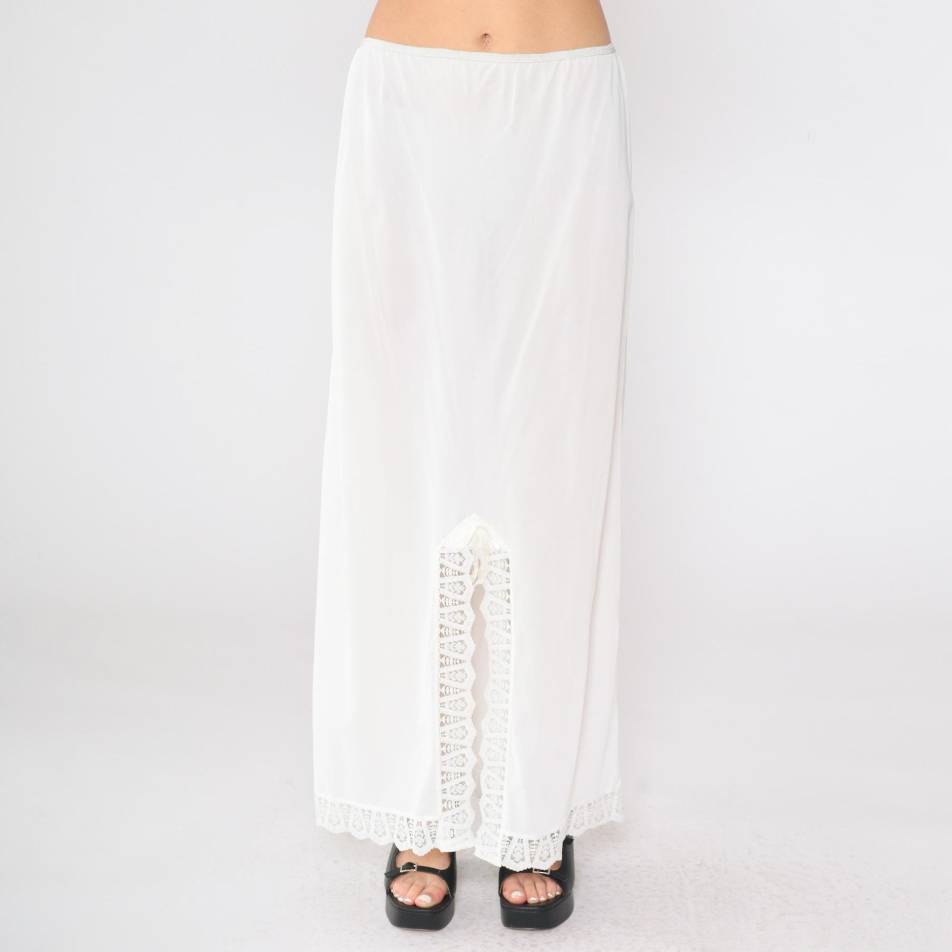 70s White Lace Slip Skirt Semi-Sheer Front Slit Maxi Medium Large
