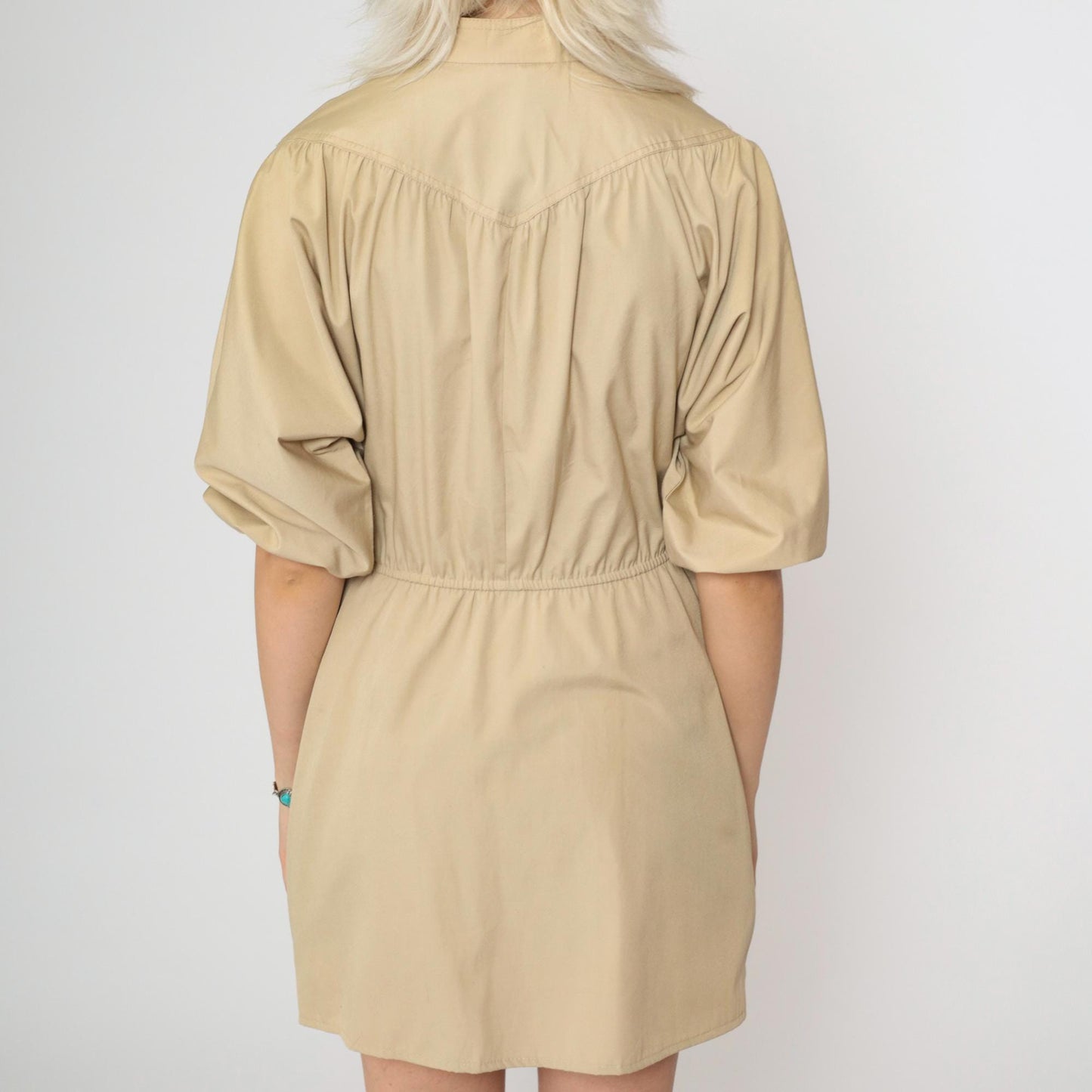 70s Tan Button-Up Mini Shirtdress High Waist Short Sleeve Small
