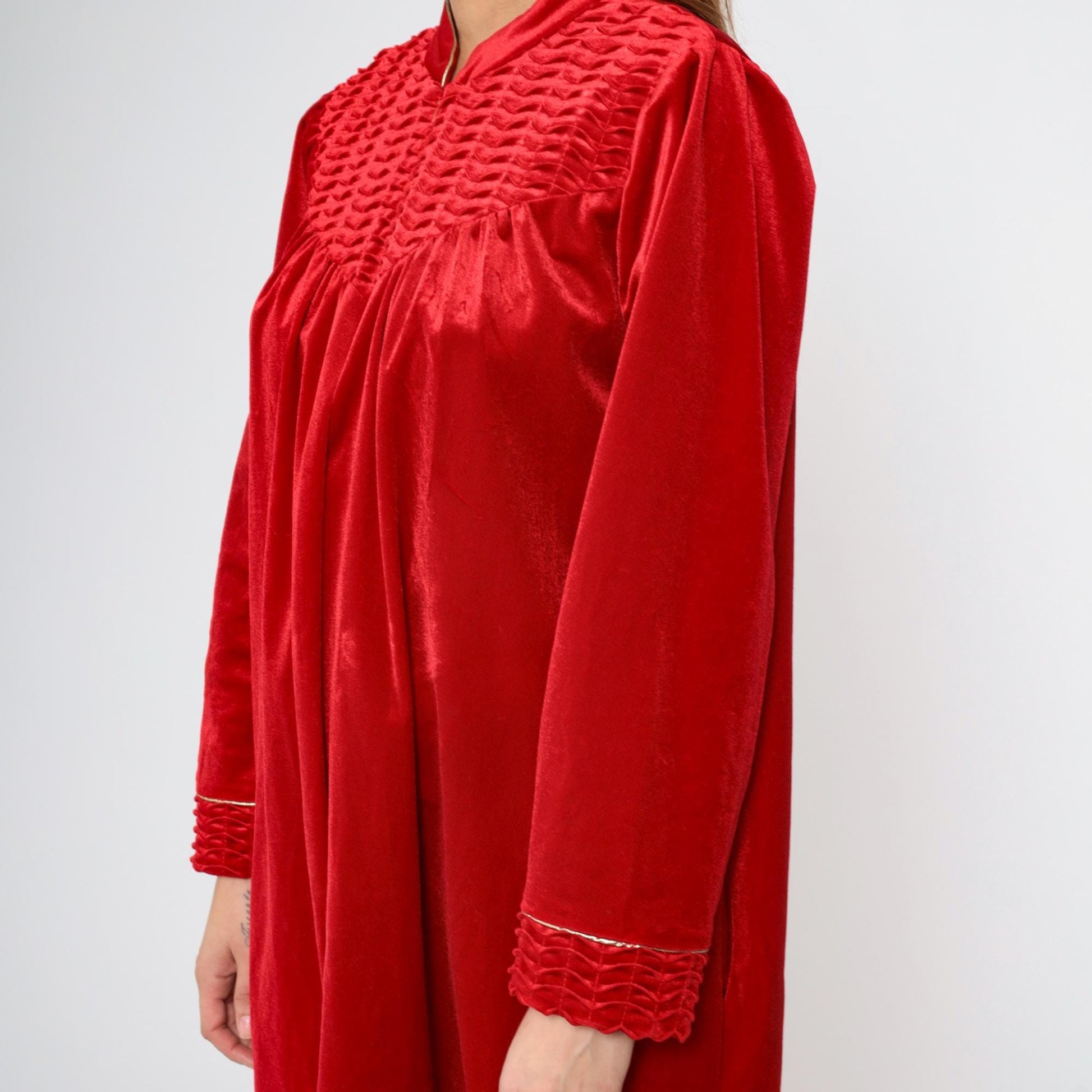 90s Red Velour Maxi Robe Dress Zip Front Gold Trim Large XL
