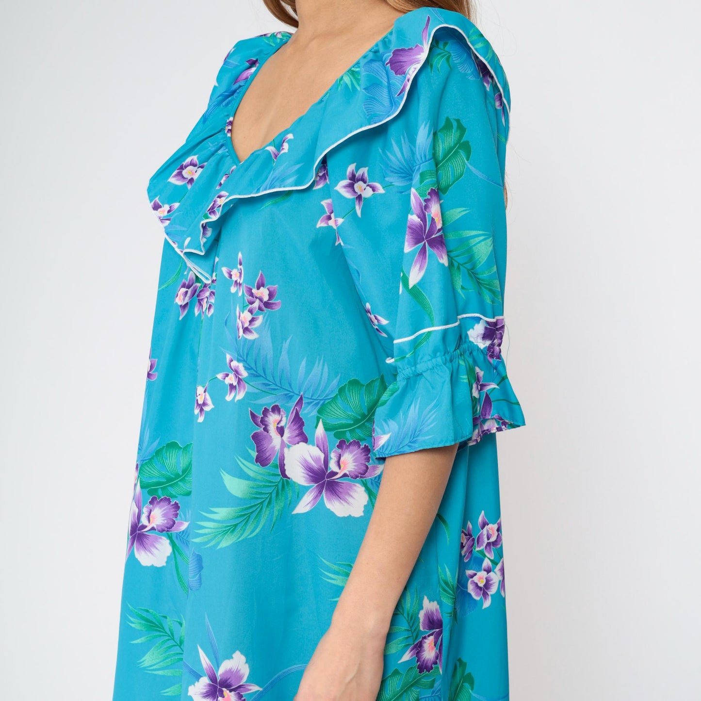 80s Blue Tropical Floral Maxi Dress 3/4 Sleeve Flounce Hem Medium