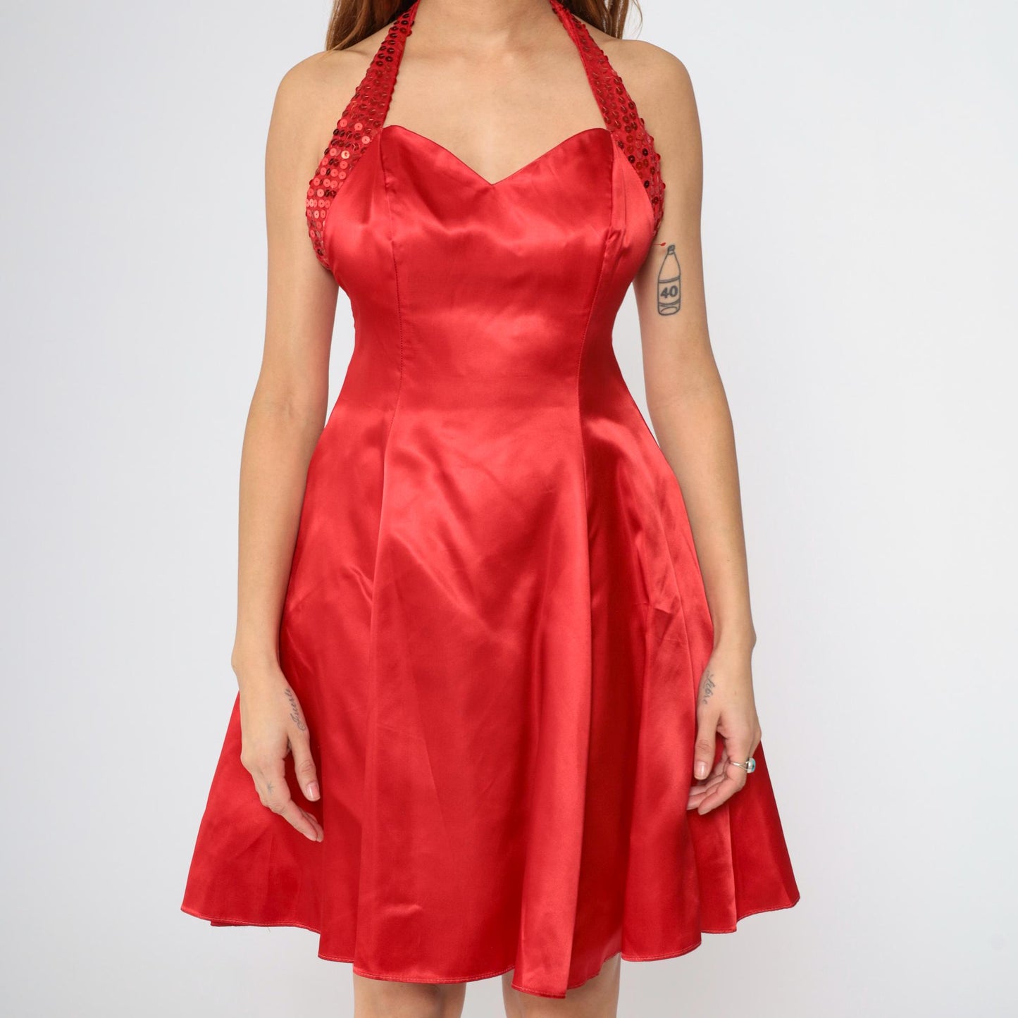 90s Zum Zum Red Satin Sequin Mini Halter Dress Open Back Medium