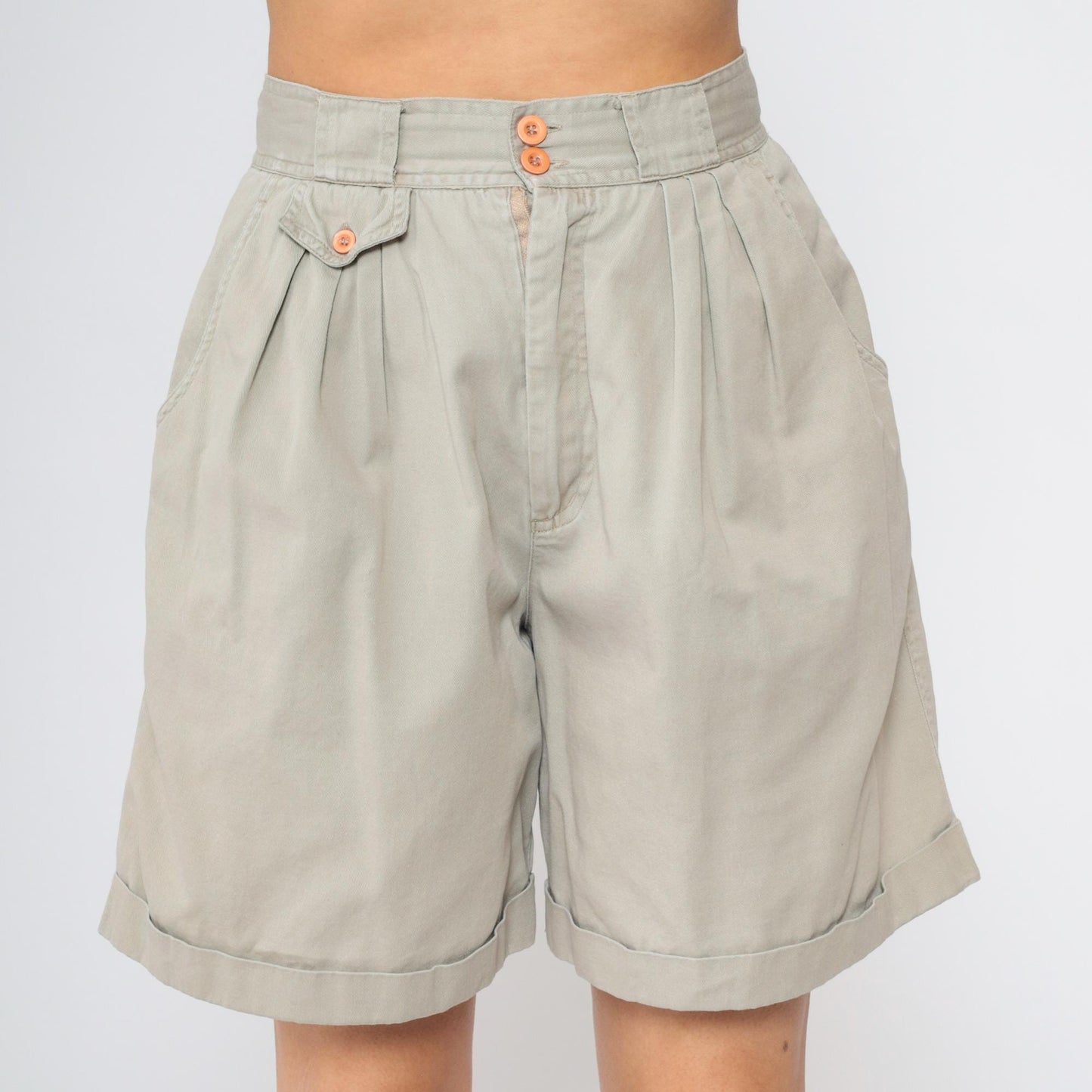 90s Khaki Pleated Shorts High Waisted Trouser Baggy Cotton Small