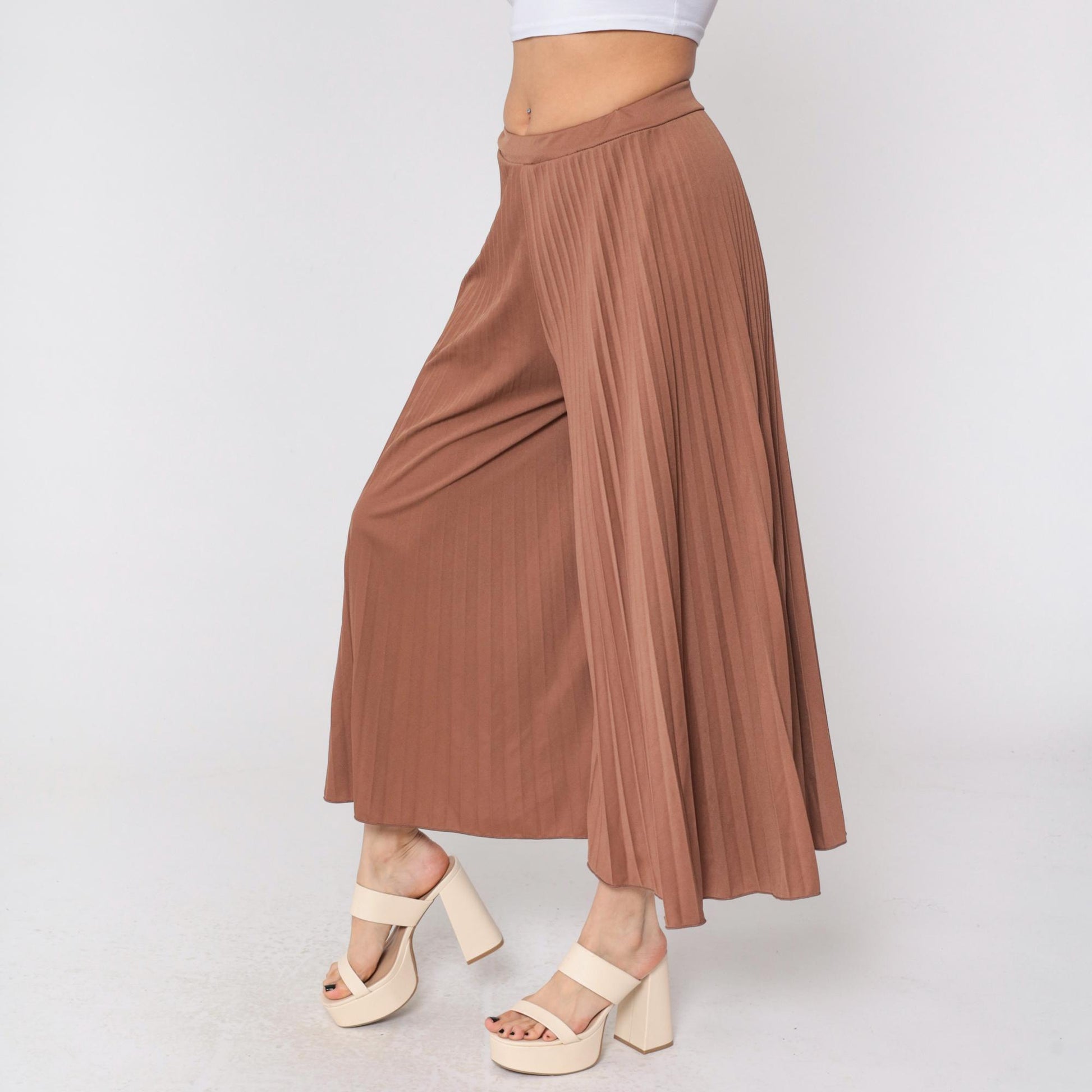 Y2K Brown Pleated Palazzo Pants High Waisted Wide Leg Small Medium