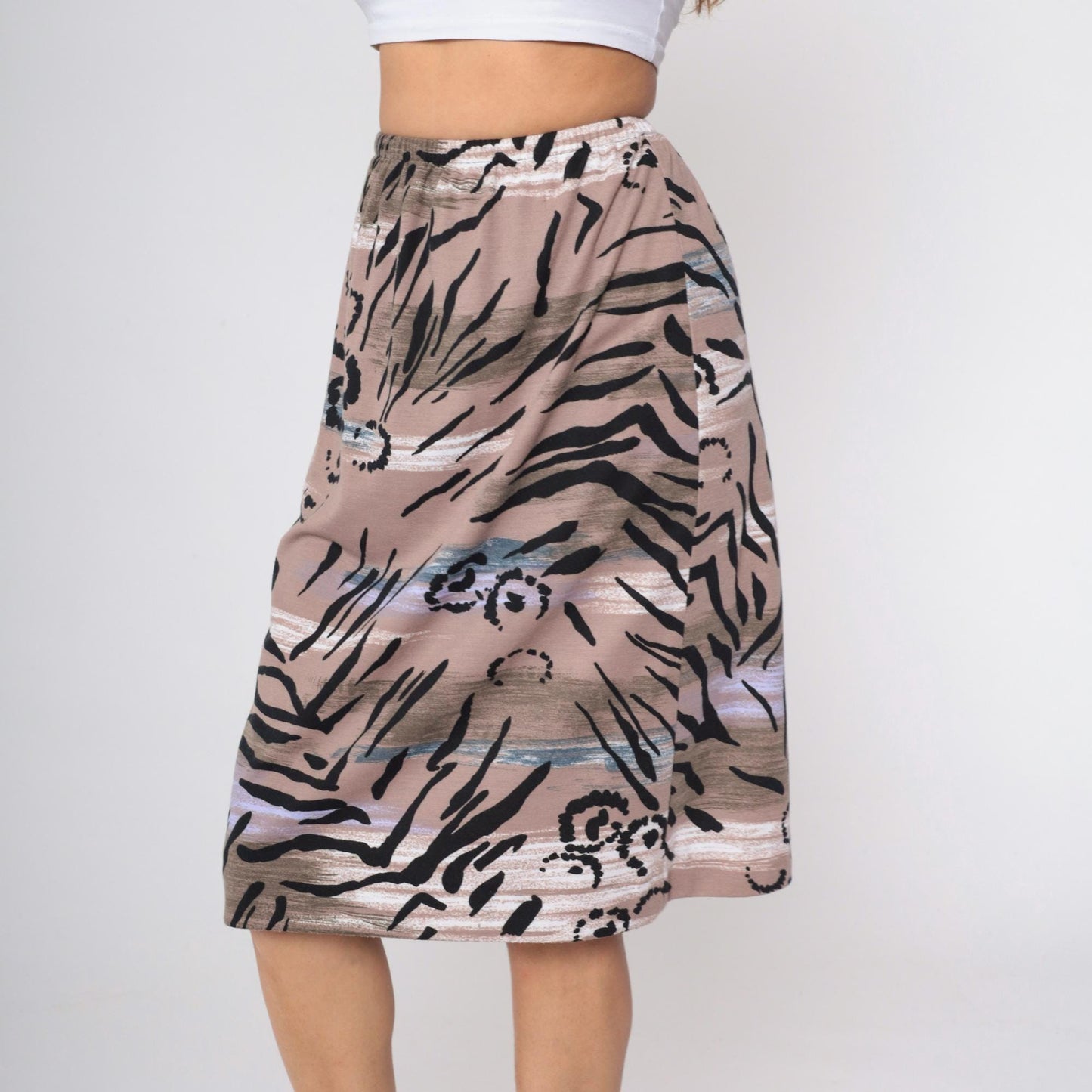 90s Abstract Floral Midi Skirt High Waist Tropical Leaf Print Taupe Small